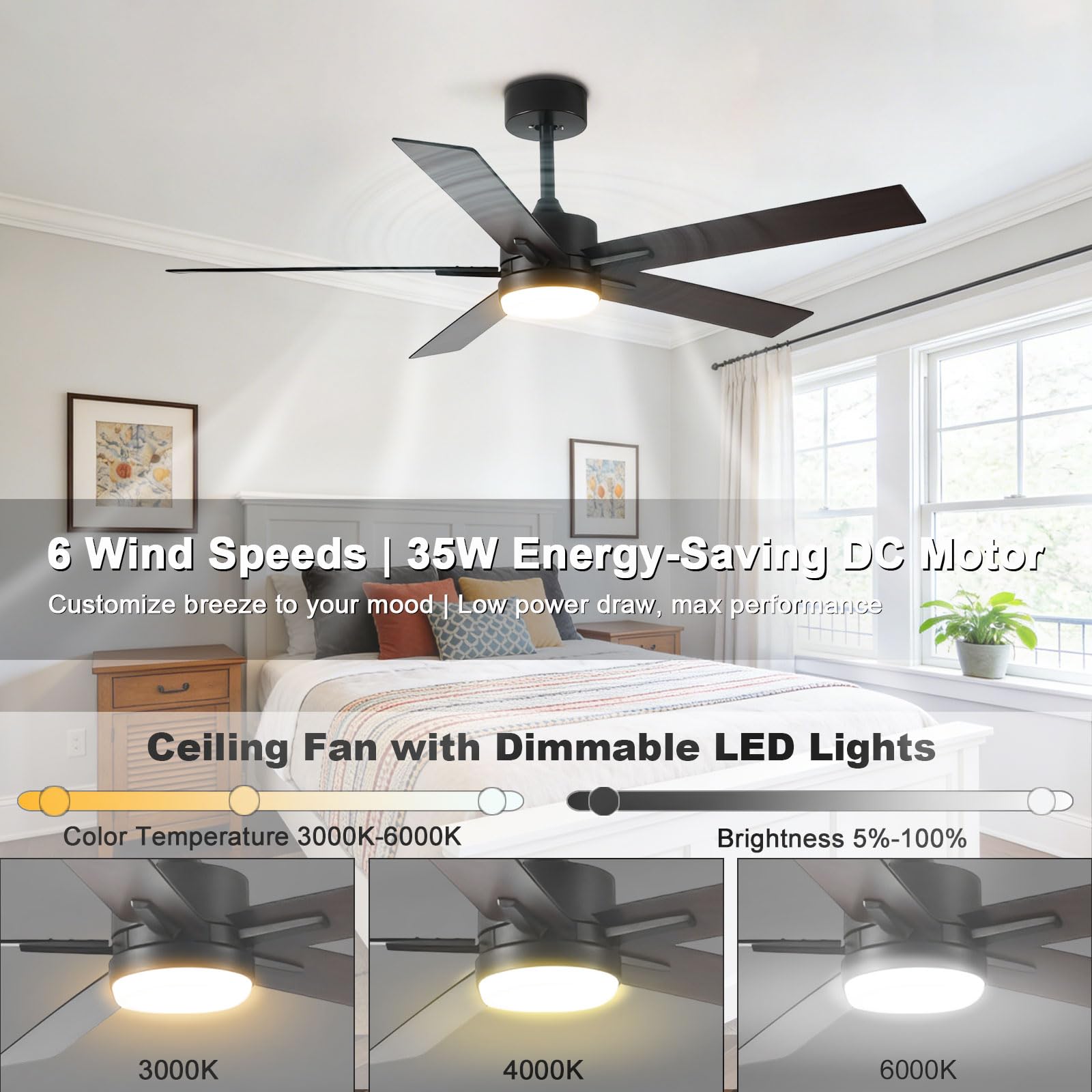 Ventilador de Techo Negro de 52 Pulgadas con luz, Moderno, silencioso, con LED Regulable, Control Remoto Inteligente/App/Voz, 6 velocidades para Dormitorio, Comedor y Sala de Estar
