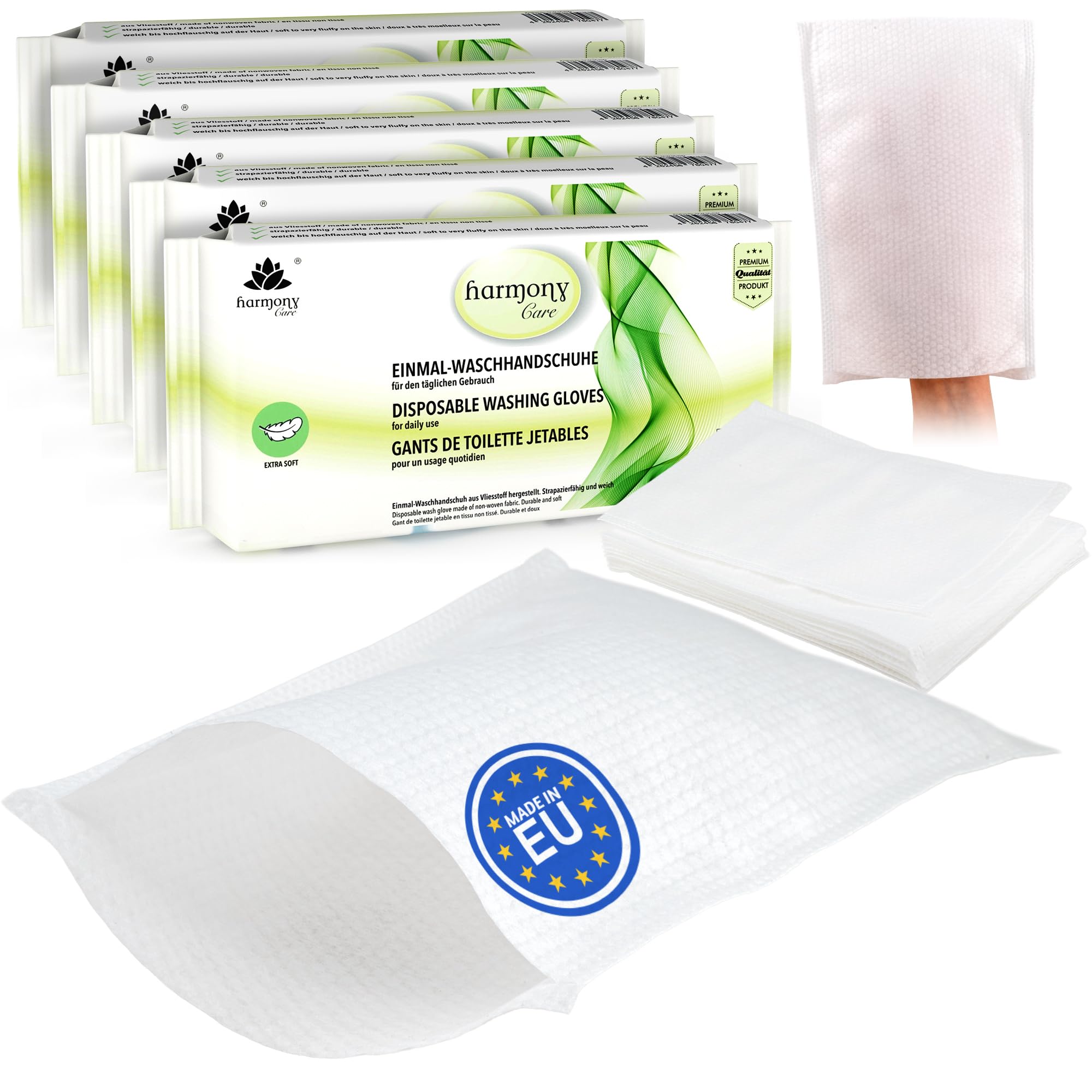 Harmony Care® - 250 x trockene Einmal Waschhandschuhe aus weichem Premium Spunlace, Einmalwaschlappen für Erwachsene Pflege & Babys - extra dicke reizfeste Waschlappen einweg