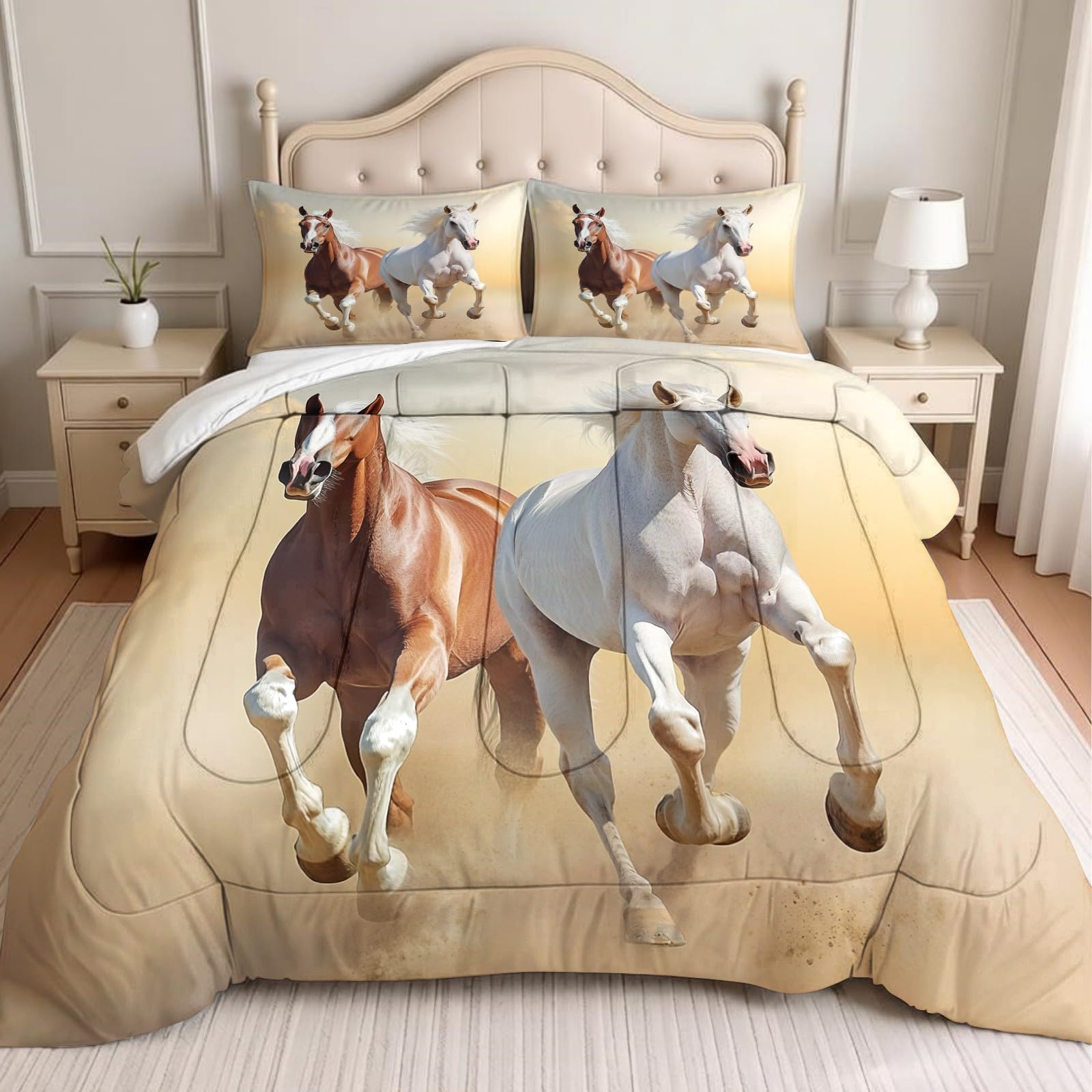 Edredón Matrimonio 4 Estaciones Corcel del Crepúsculo Estampado 200 x 200 cm Amarillo Claro Lavable, 2 Fundas de Almohada 50x75 cm