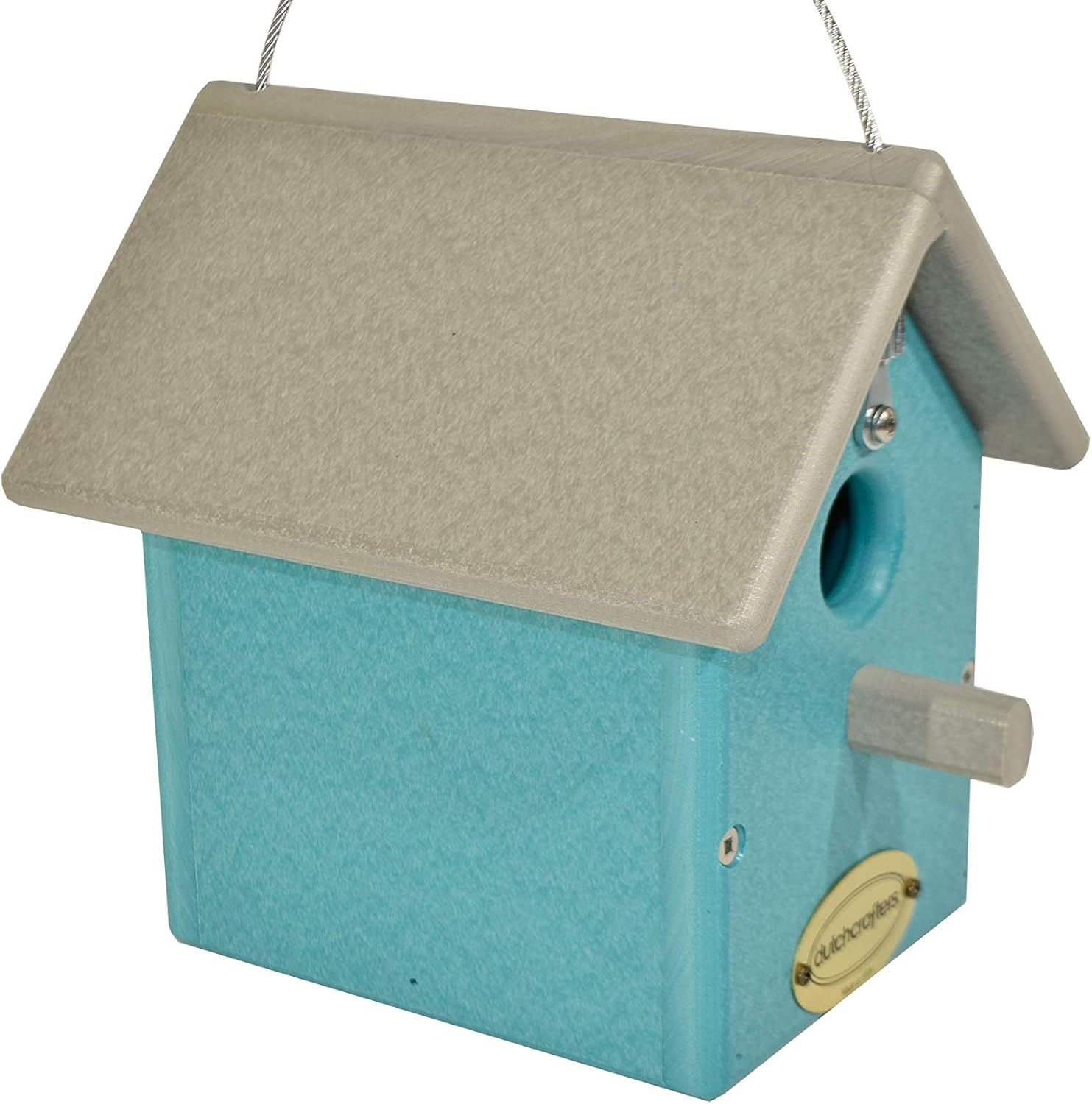 DutchCrafters Small Plastic Poly Hanging Bird House with Perch and Detachable Roof, Outdoor Nesting Box for Wild Birds - Amish Made in USA (Light Gray & Aruba Blue)