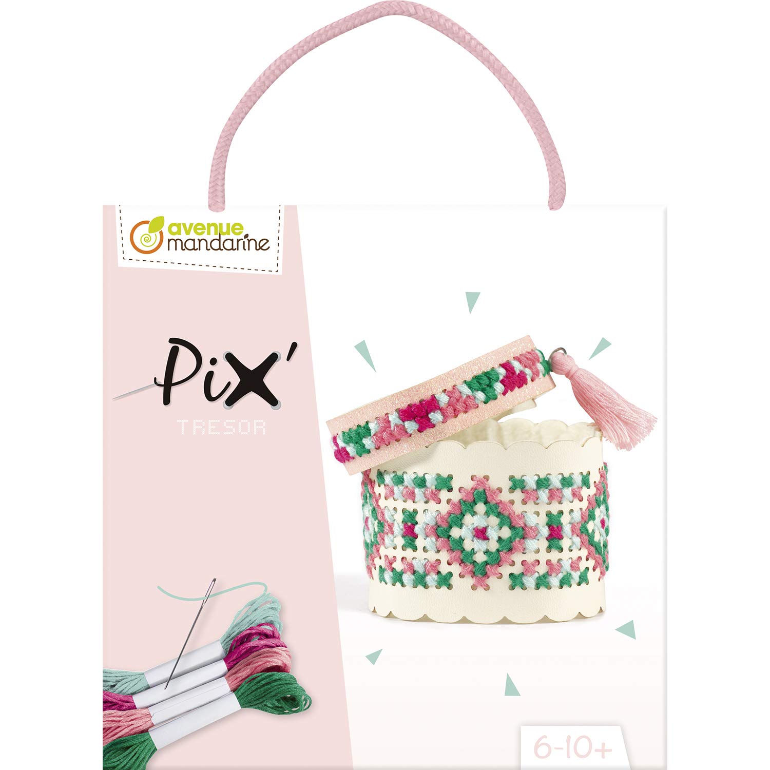 Avenue Mandarine - Ref KC128C - Creative Box - Pix Tresor All-In-One Cross Stitch - Pink - 2 Bracelets to Make, Full Instructions Supplied, Suitable for Ages 6-10+