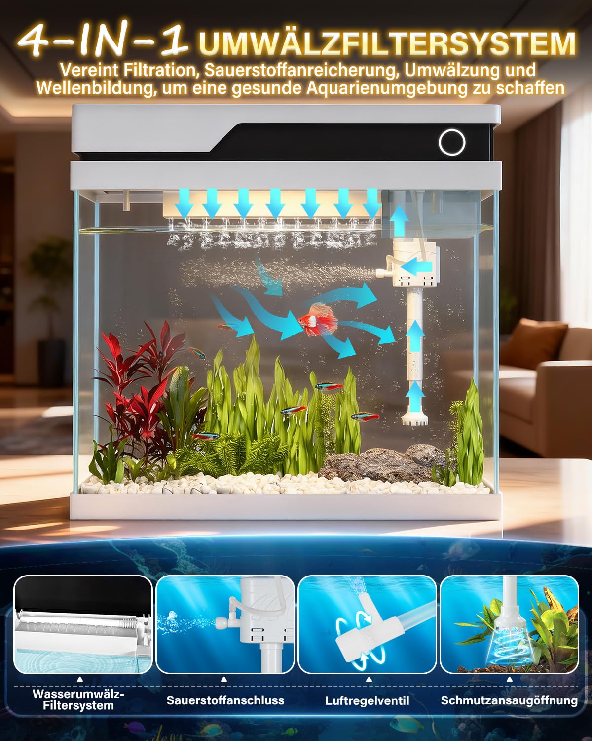 Vehipa Petit Aquarium 26L, Aquarium Complet Débutant avec Distributeur Automatique de Nourriture, humidificateur, Pompe silencieuse 4 en 1, Affichage de la température et éclairage réglable