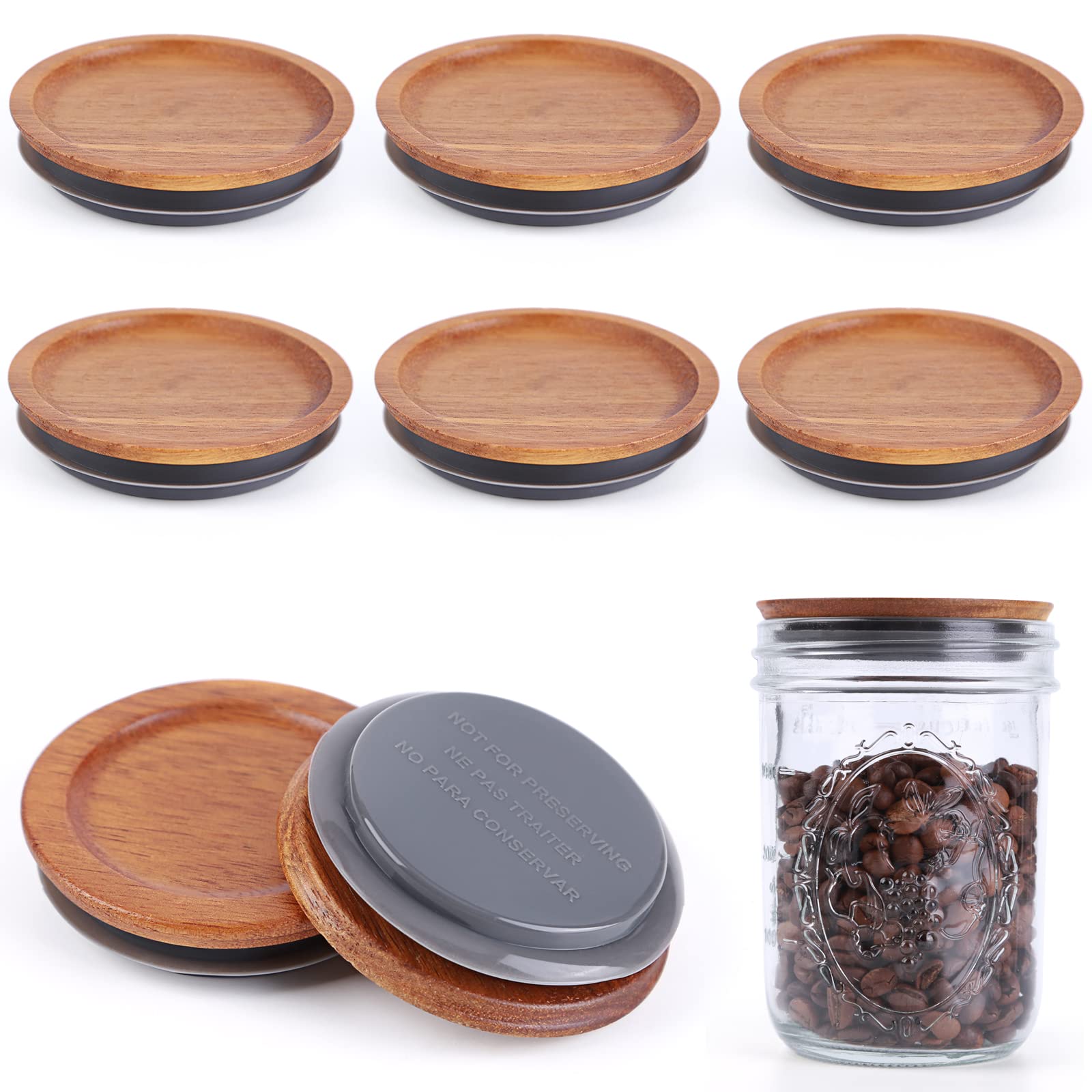 6Pack Wooden Mason Jar Lids Wide Mouth Wooden Storage Canning Jar Lids Ball Jars Wooden Lids with Airtight Silicone Seal, Brown