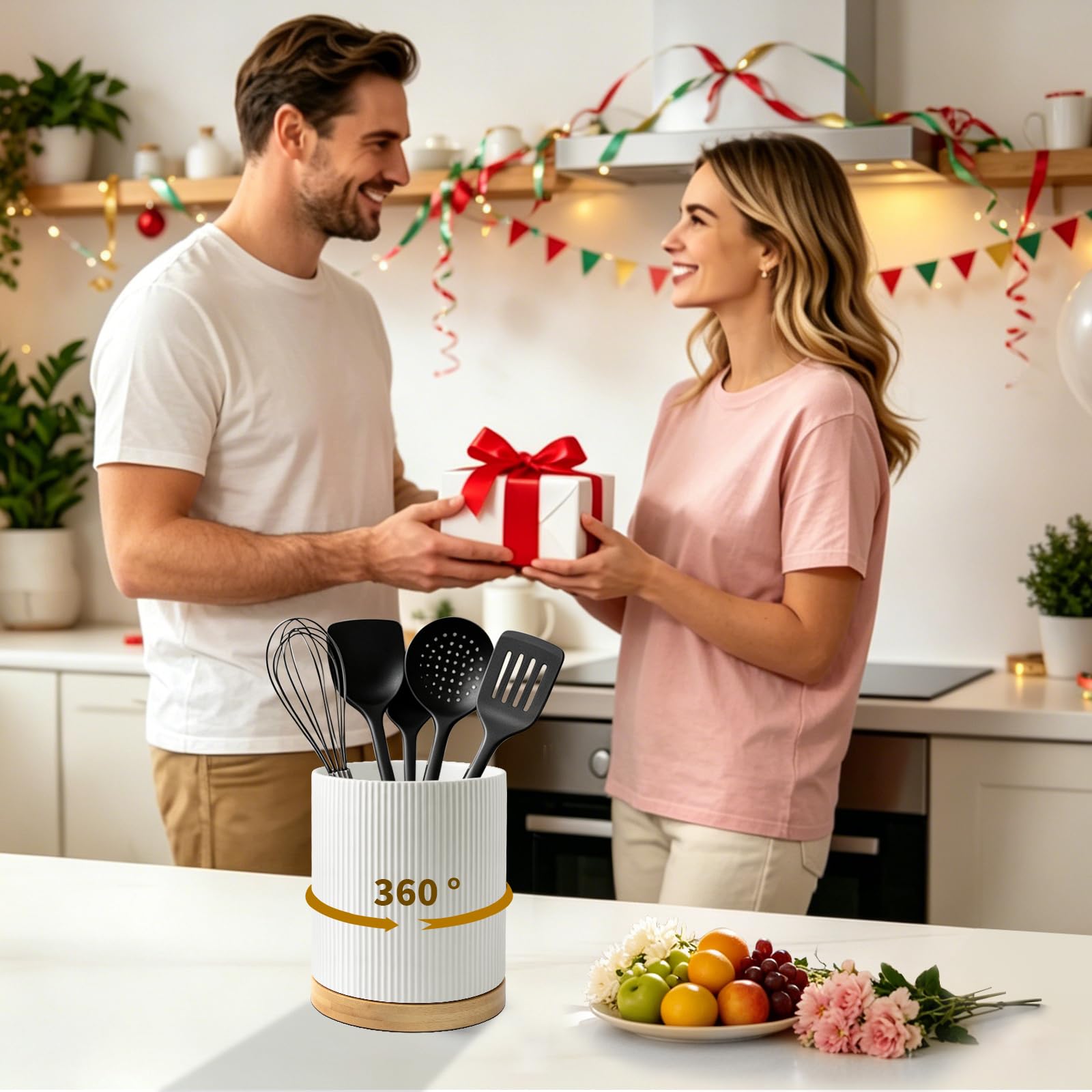 Porte Ustensiles Cuisine en Céramique: Porte-ustensiles en Bois Pivotant à 360°-Facile à Nettoyer Rangement pour ustensiles de Cuisine-Support pour Ustensiles de Cuisine pour Spatules Cuillères