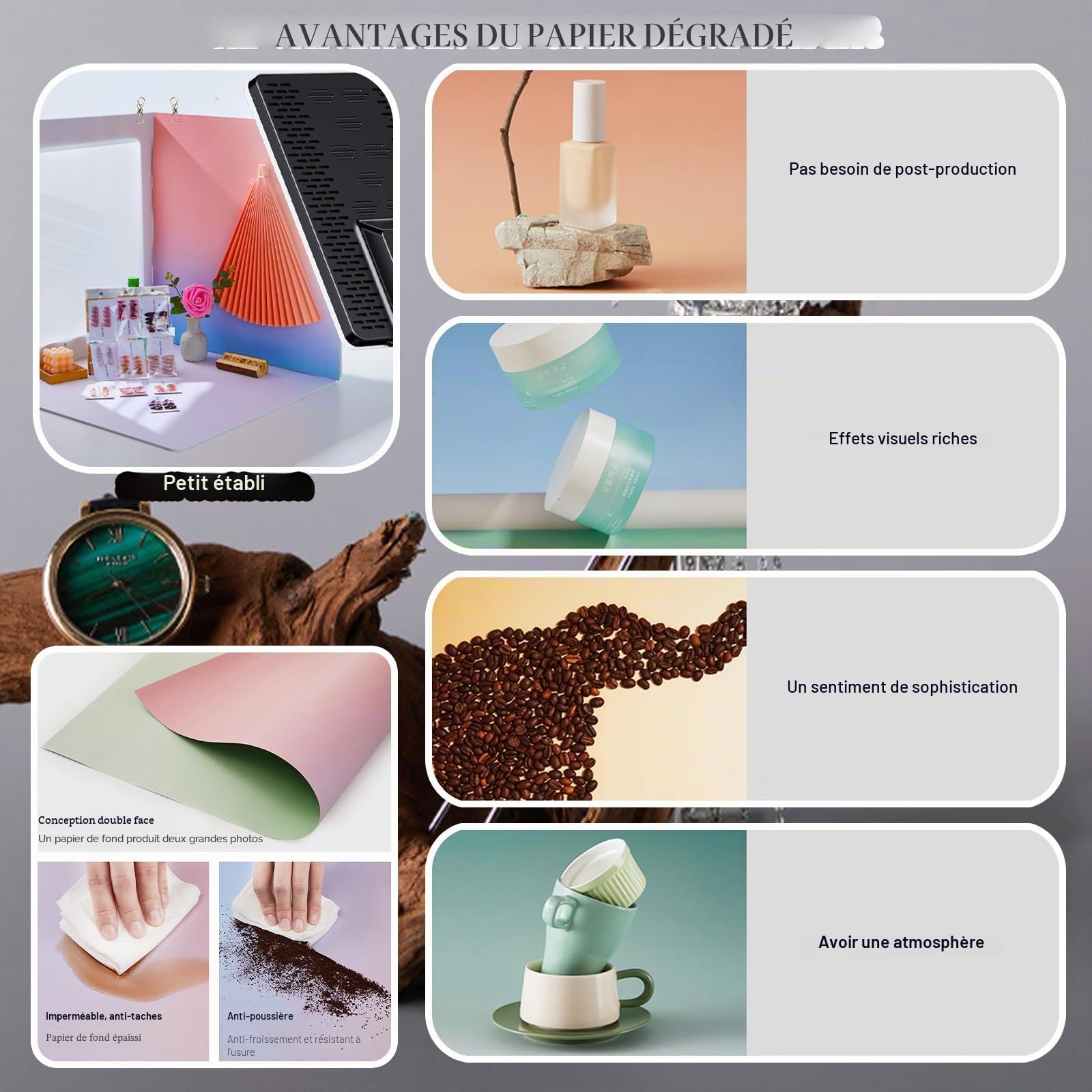 Kit de 15 Toiles de Fond de Photo Portables au Design Original avec 28 Motifs - Accessoires Plats pour Bijoux, cosmétiques, Maquillage