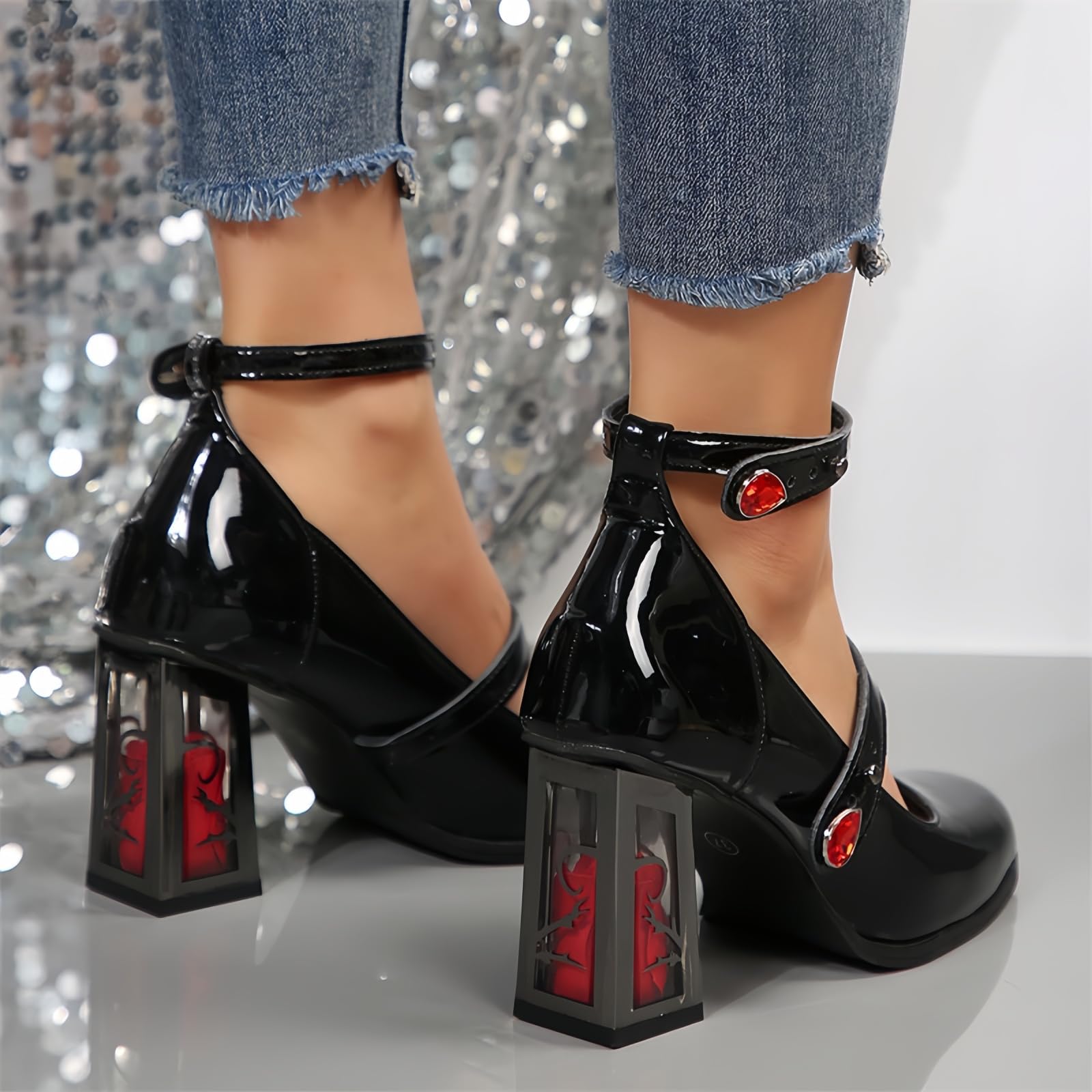Donna Piattaforma in Pelle brevettata Mary Janes Abito Pompe Gothic Scarpe Tacco Basso Grosso Dolce Lolita Chiuso Dito Caviglia Cinturino Regolabile