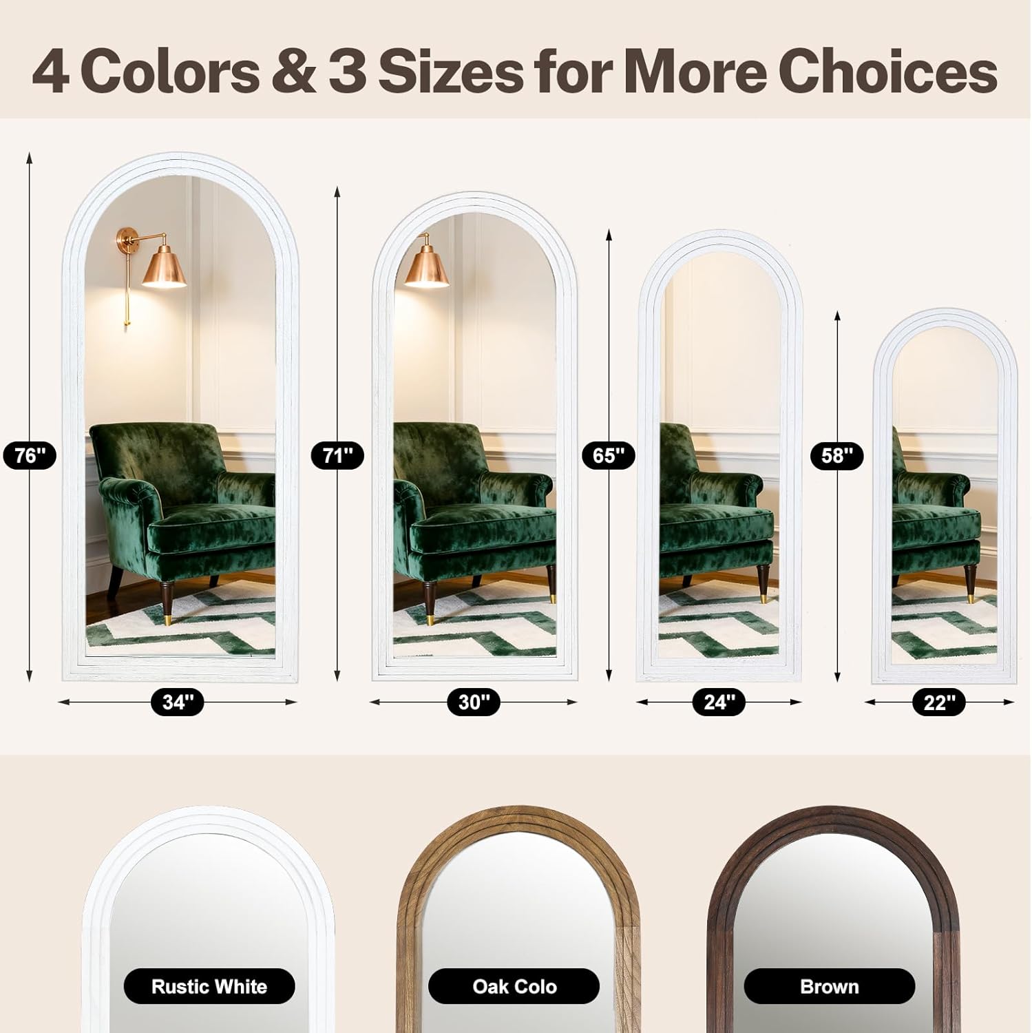 Full Length Mirror 71"x30" Arched Solid Wood Frame Floor Standing Mirror, Hanging or Leaning Wall-Mounted for Living Room, Bedroom, Rustic White