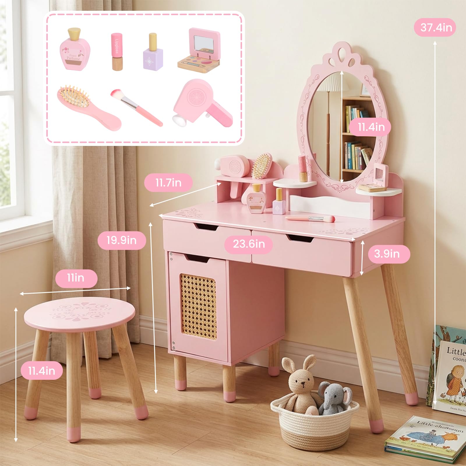 WOODENFUN Rosa Retro Palissaden Prinzessin Schminktisch für Kinder mit Hocker, Schublade, Make-up-Set, multifunktionaler hölzerner Gitter Schminktisch für Kindergeburtsgeschenk