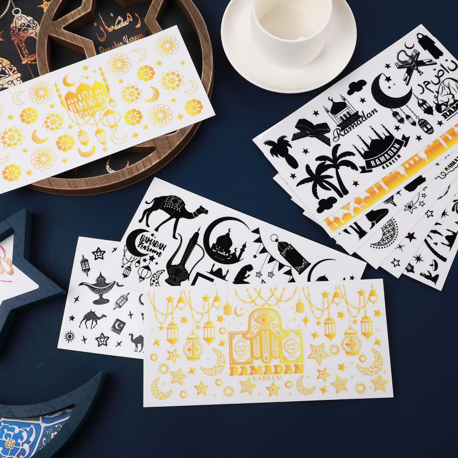 10 Fogli Adesivi Transfer Ramadan DTF 24x11 Cm - Impermeabili Per Vetro, Decorazioni Fai Da Te Eid Mubarak