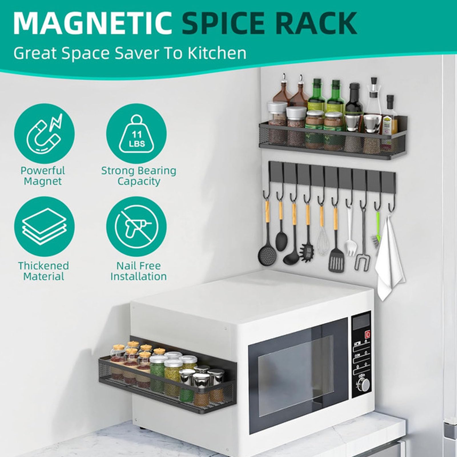 banapoy Estante Magnético para Refrigerador, Organizador de Estante de Almacenamiento de Metal, Estantes Magnéticos de Cocina con 2 Estantes y Gancho para Frigorífico, Microondas, Horno, Lavadora