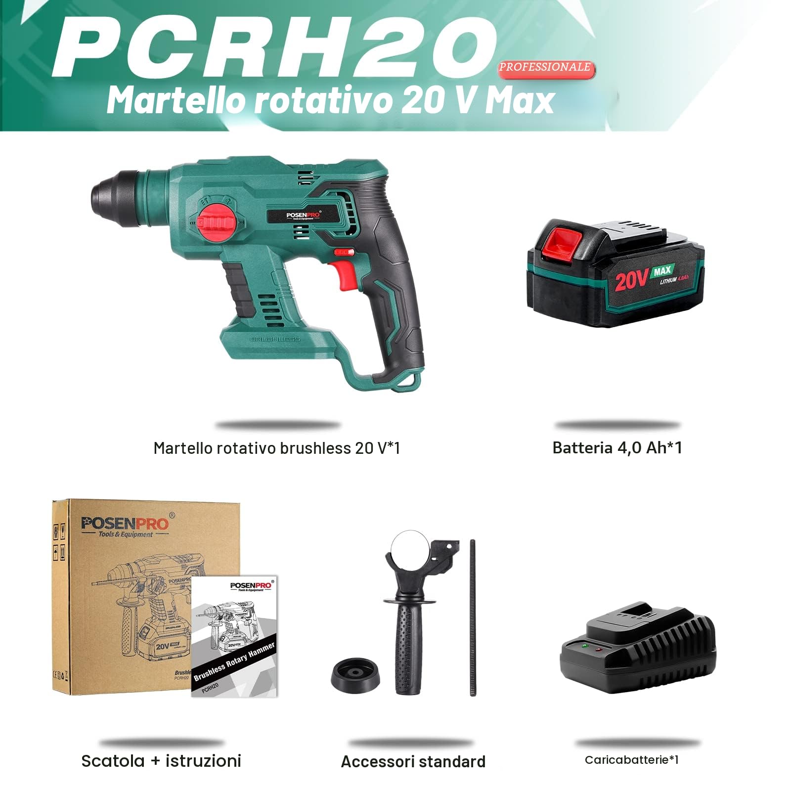 POSENPRO Martello Tassellatore SDS Plus a Batteria 20 V, Motore Senza Spazzole, 4 in 1 Funzione, Forza Percussione 1,7 Joule, 4,0 Ah Batteria, Martello Demolitore
