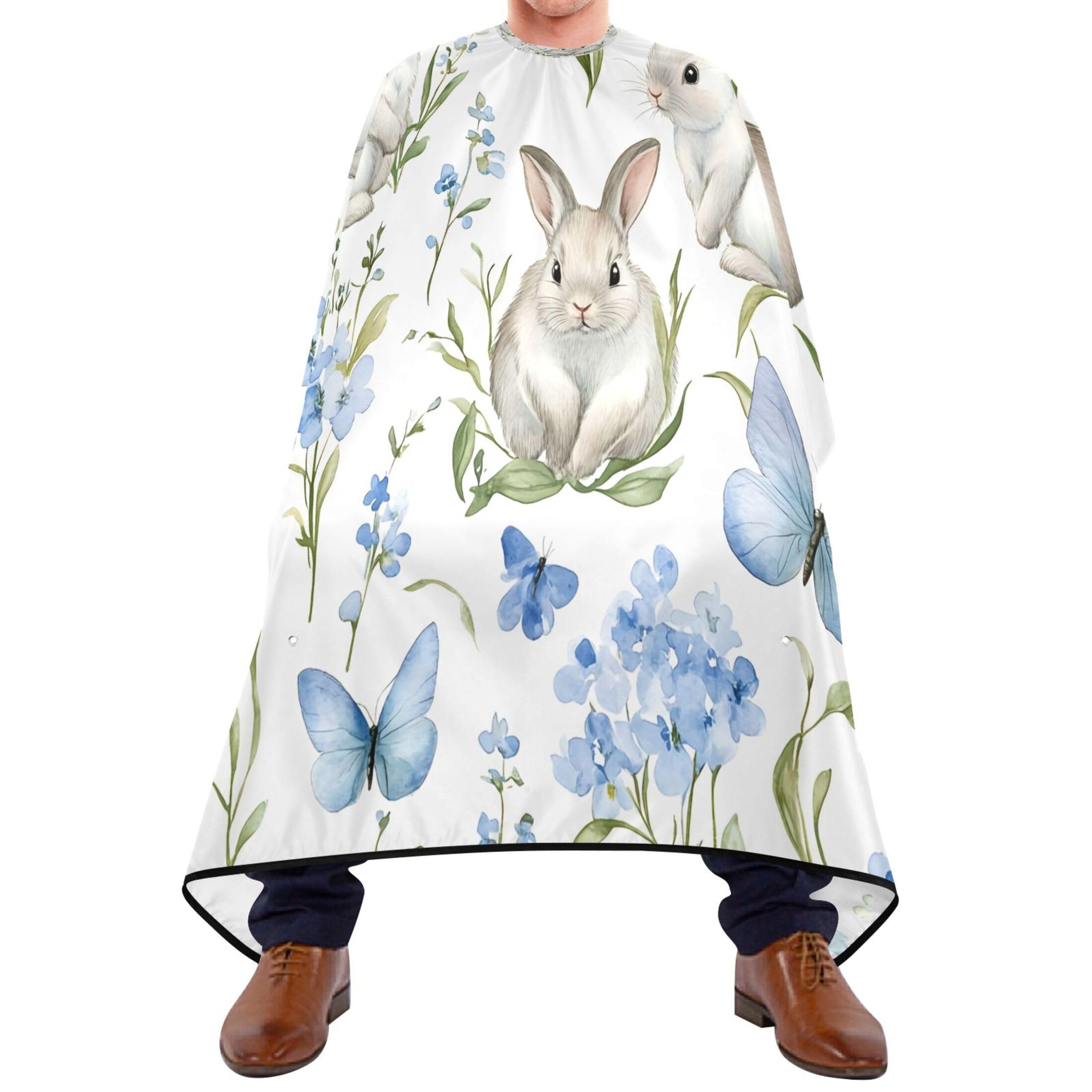 Takiito Watercolor Bunnies Blue Flowers Barber Cape for Men, Waterproof Haircut Cape Hairdressing Cape Beard Apron Cape for Salon Home Use, 55x65 in