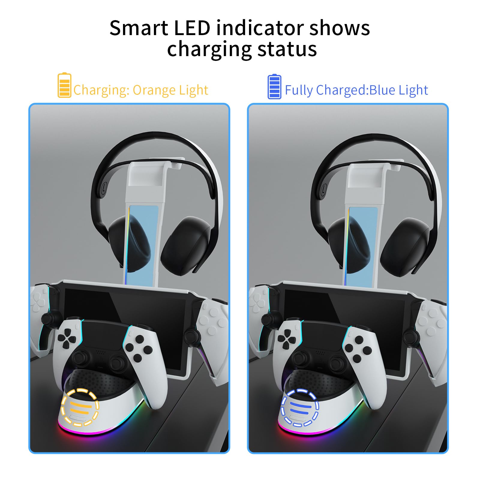Estación de Carga portátil con Soporte para Auriculares para Controlador PS5 Soporte de Carga Indicador de Carga de luz RGB para Consola de Juegos Portal