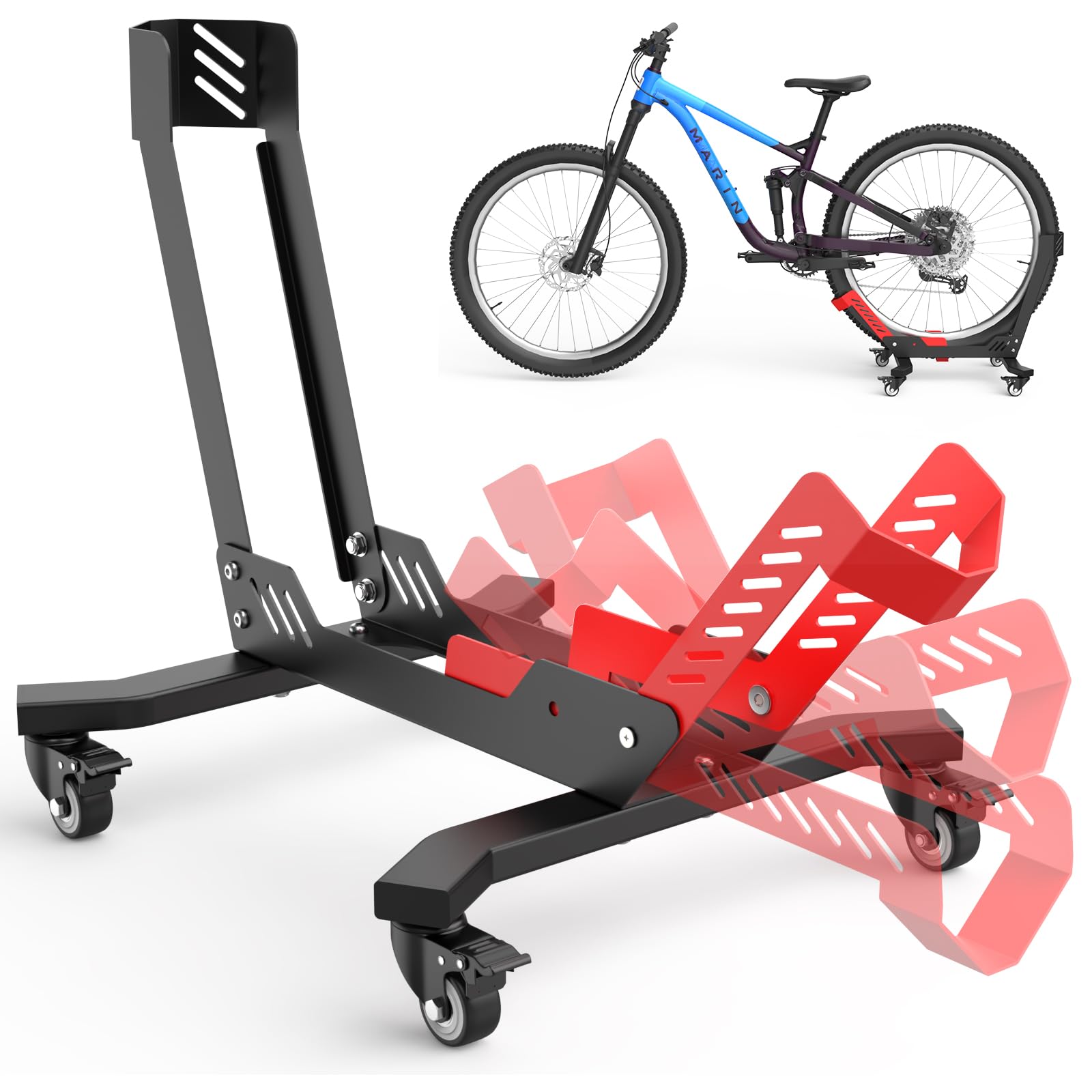 Portable Bike Stand Floor with Wheels, Sturdy Carbon Steel, Fit for 24"-29" Bikes, Tire Width up to 3.5", Indoor and Outdoor Storage Garage, Mtb/Dirt/Road/Mountain Bicycle Stand(Glossy Red/black) — image 1