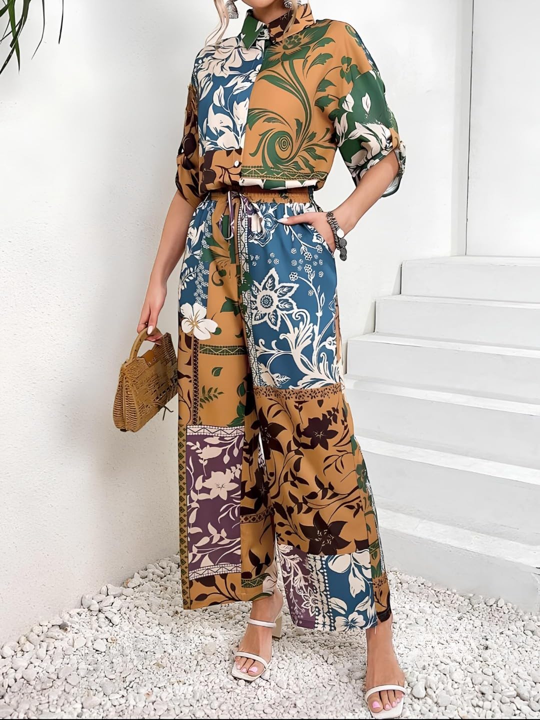 Gufrina Women's Rayon Co-Ord Set With Button-Up Top & Wide Leg Pant 3/4Th Sleeves Collar Neck Printed Pattern Regular Fit And Standard Length