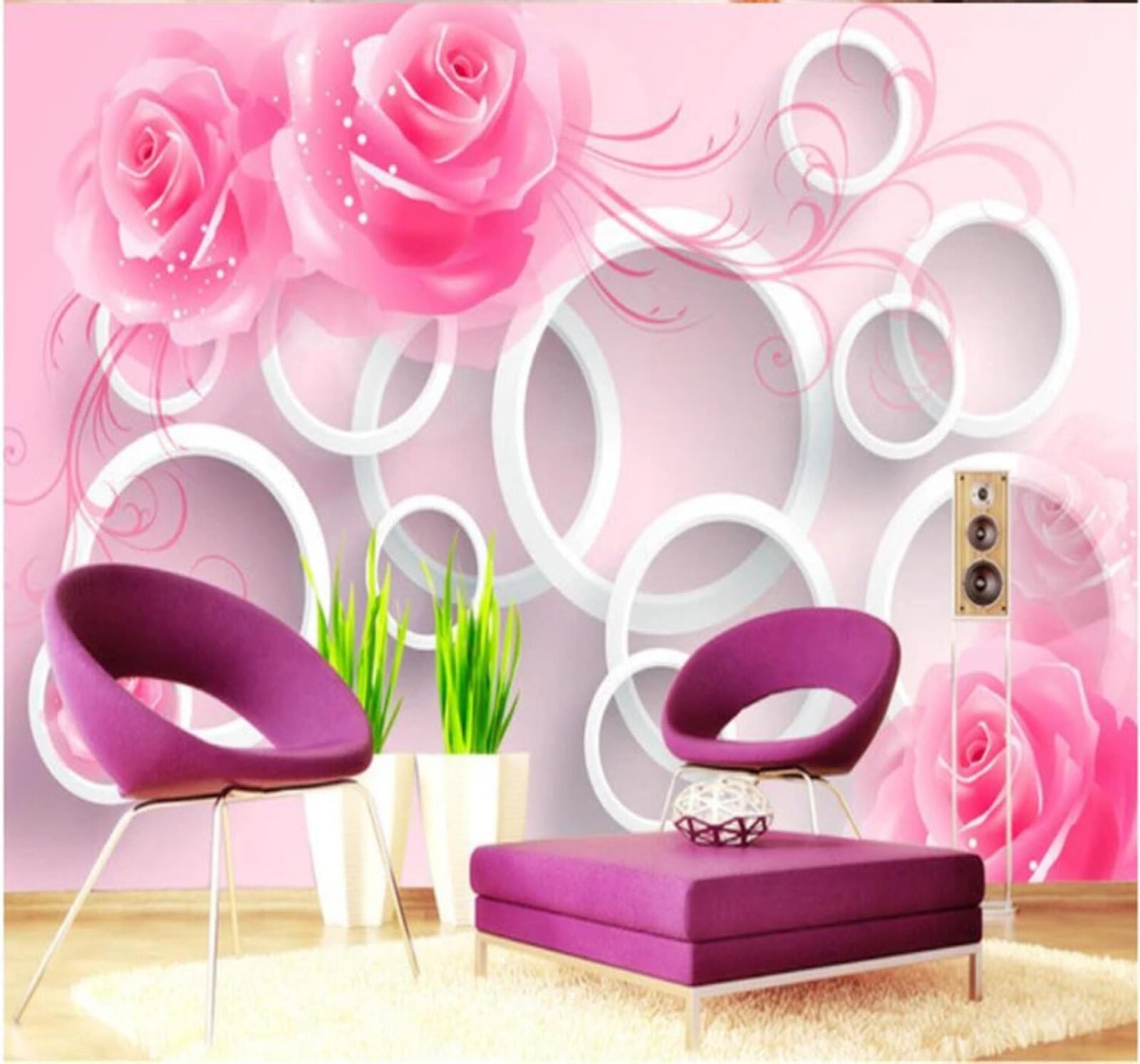Dreamy Beautiful Pink Roses Circles 3D Wallpaper Easy Install Feature Office Living Room Sofa Bedroom TV Background Wall Decoration-430cm×300cm