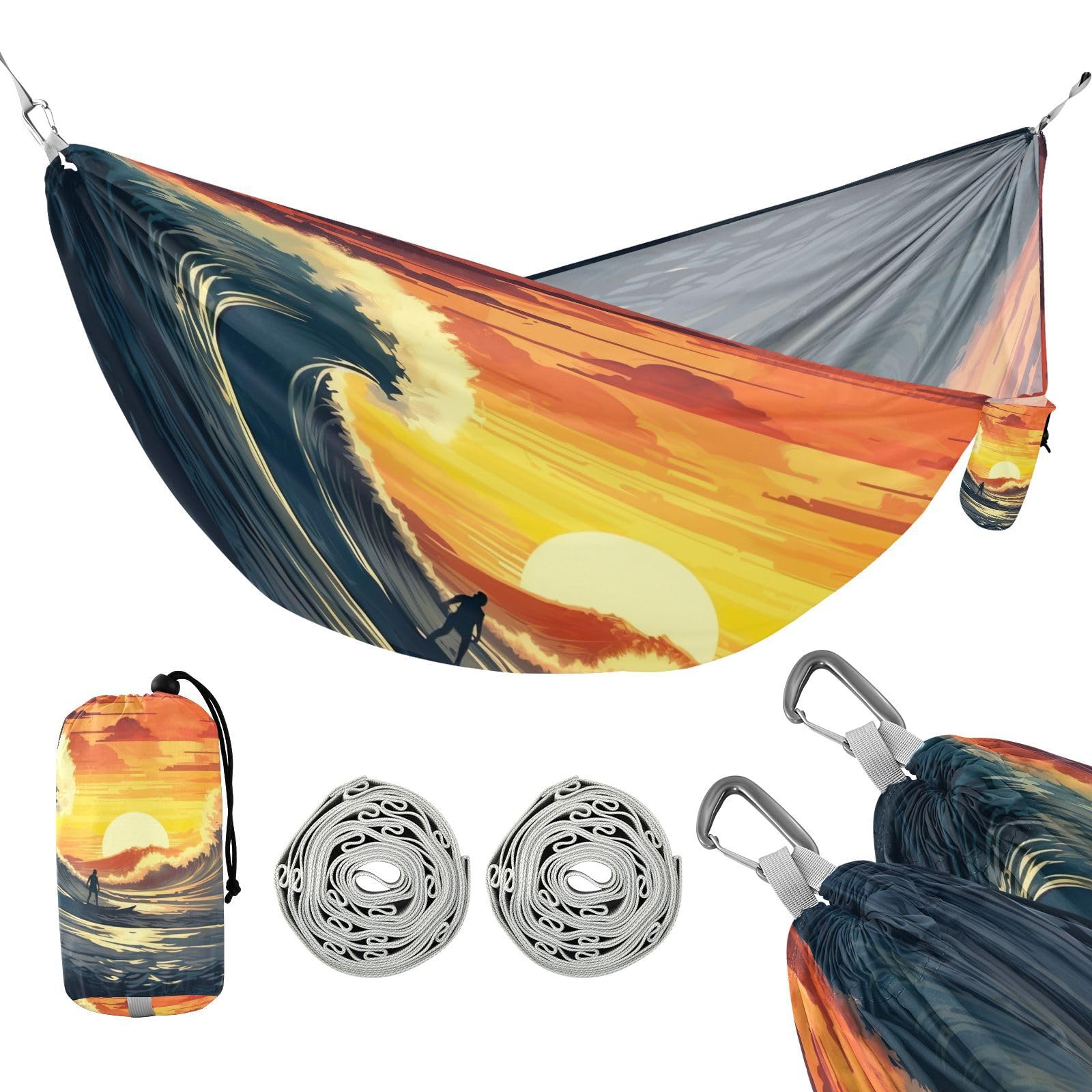 SDMKA Surfer Riding Waves Camping Hammock, 330 lbs with 2 Tree Straps, Carry Bag, Single Portable Hammock for Outdoor/Indoor, Hiking, Beach, Backpacking, Travel