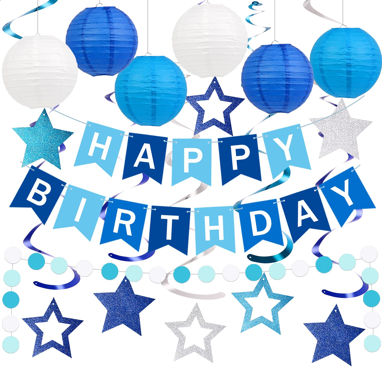 Decorazioni di buon compleanno, set di decorazioni per feste di compleanno blu con striscione di buon compleanno, lanterne di carta, decorazioni da appendere a spirale a stella e ghirlanda a pois
