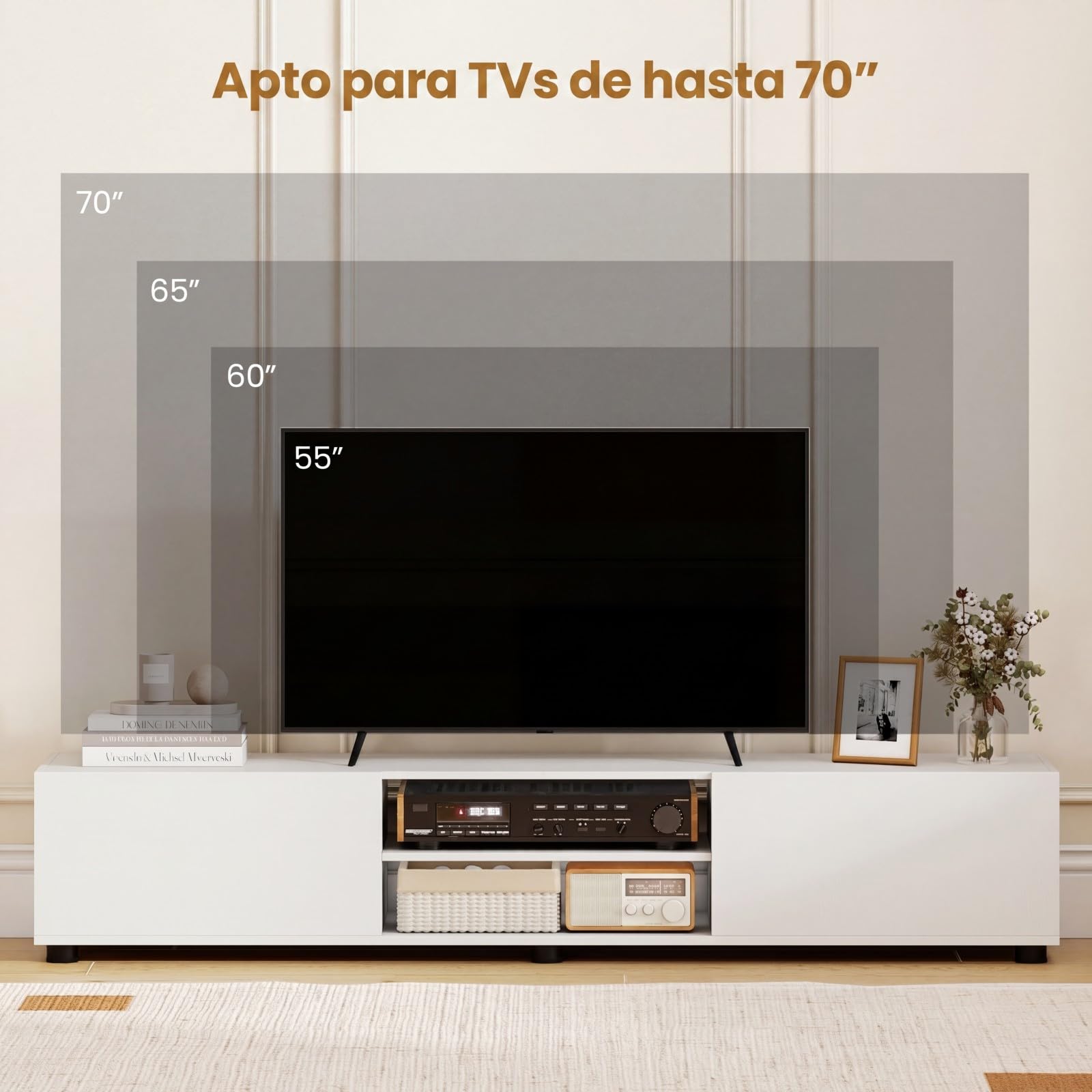 COSTWAY Mueble para TV de hasta 70 Pulgadas, 160x35x30 cm (Blanco) | Mesa de TV con Estantes Abiertos, Compartimentos, Puertas y 6 Patas de Apoyo,Centros Multimedia, Mueble Television para Salón