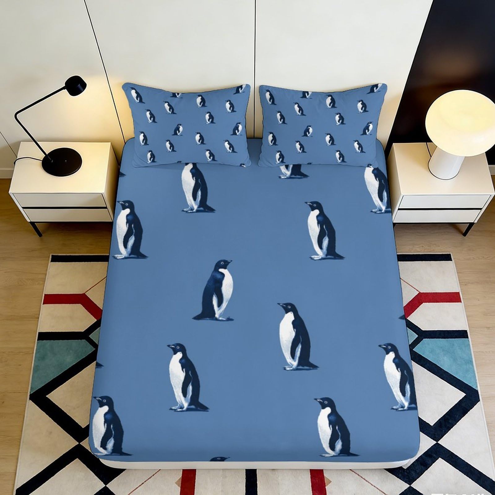 3D Printed Penguin Design Fitted Sheet Microfiber Deep Pocket Non-Slip Bedroom Bedding Penguin Mattress Fitted Cover 200x200x25cm 90x200x25cm
