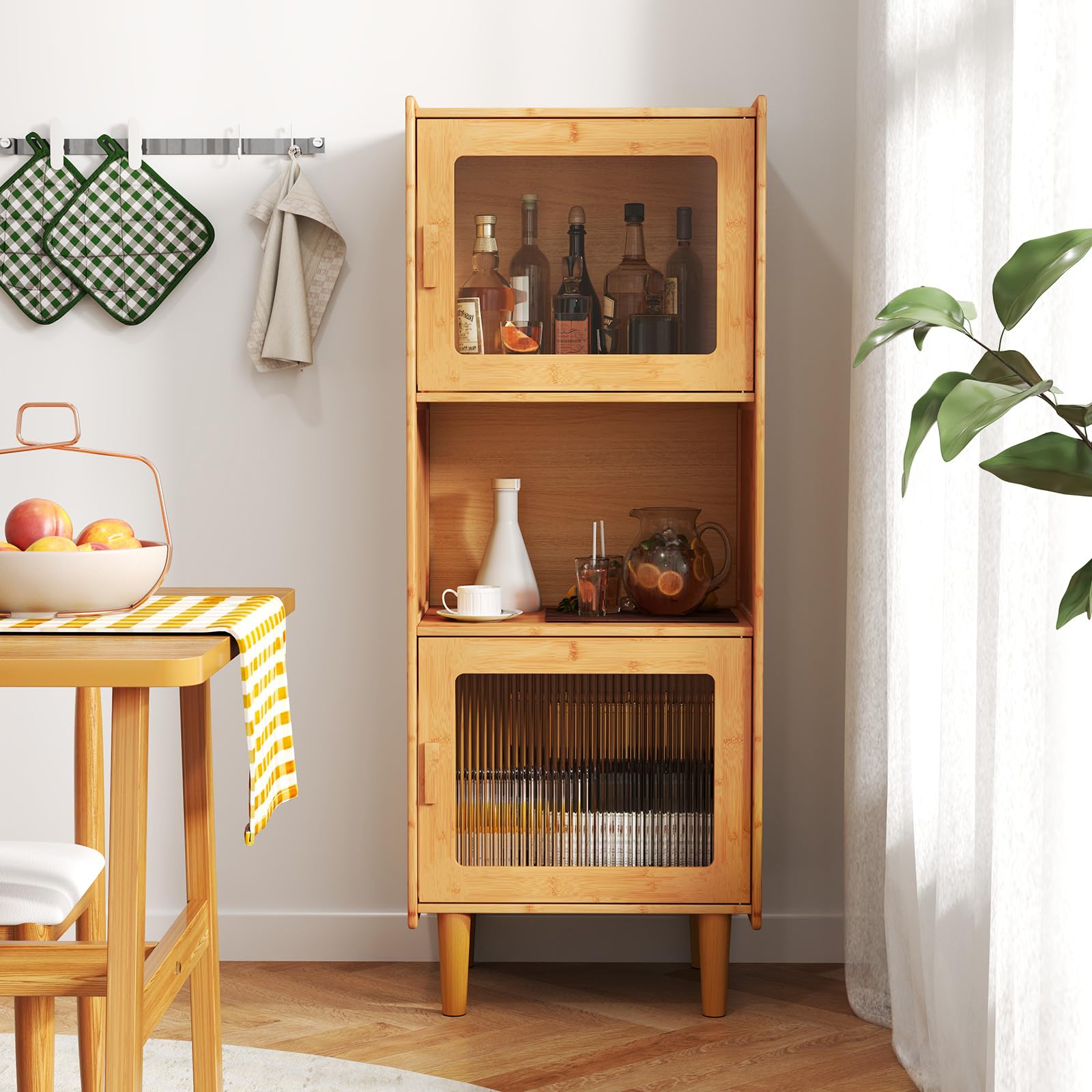 COSTWAY Buffet Vitrine 3 Compartiments, Armoire Cuisine Bambou Naturel, 49,5 x 40 x 130 cm, Porte Magnétique, Vaisselier Colonne Cuisine, Bibliothèque Salon