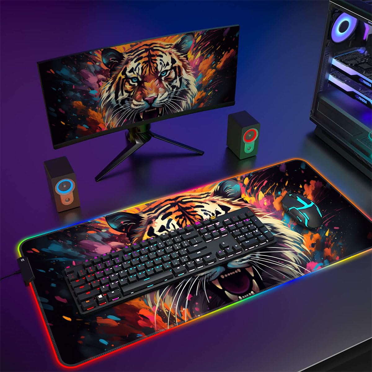 Tappetino per mouse, tappetino per mouse da gioco, fantasia animale, tigre, LED, tappetino per mouse di grandi dimensioni, tappetino per mouse da gioco grande (60 x 35 x 0,3 cm) per gamer, ufficio