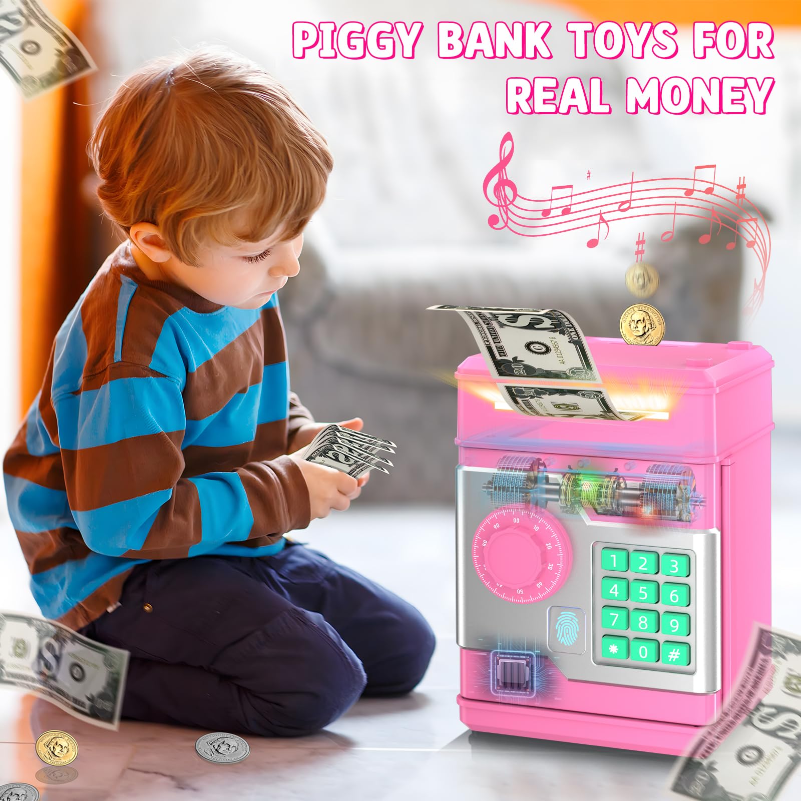 NAFEIV Kids Piggy Bank, Money Saving Cash Coin Electronic Piggy Bank Toys for Ages 5-6, Pink