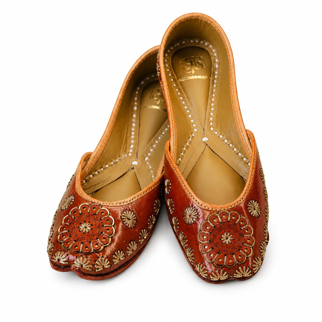 loryphilory Women's Brown Leather Jutti with Handcrafted Golden Embroidery | Traditional Ethnic Flats for Festive and Casual Wear-picture-21