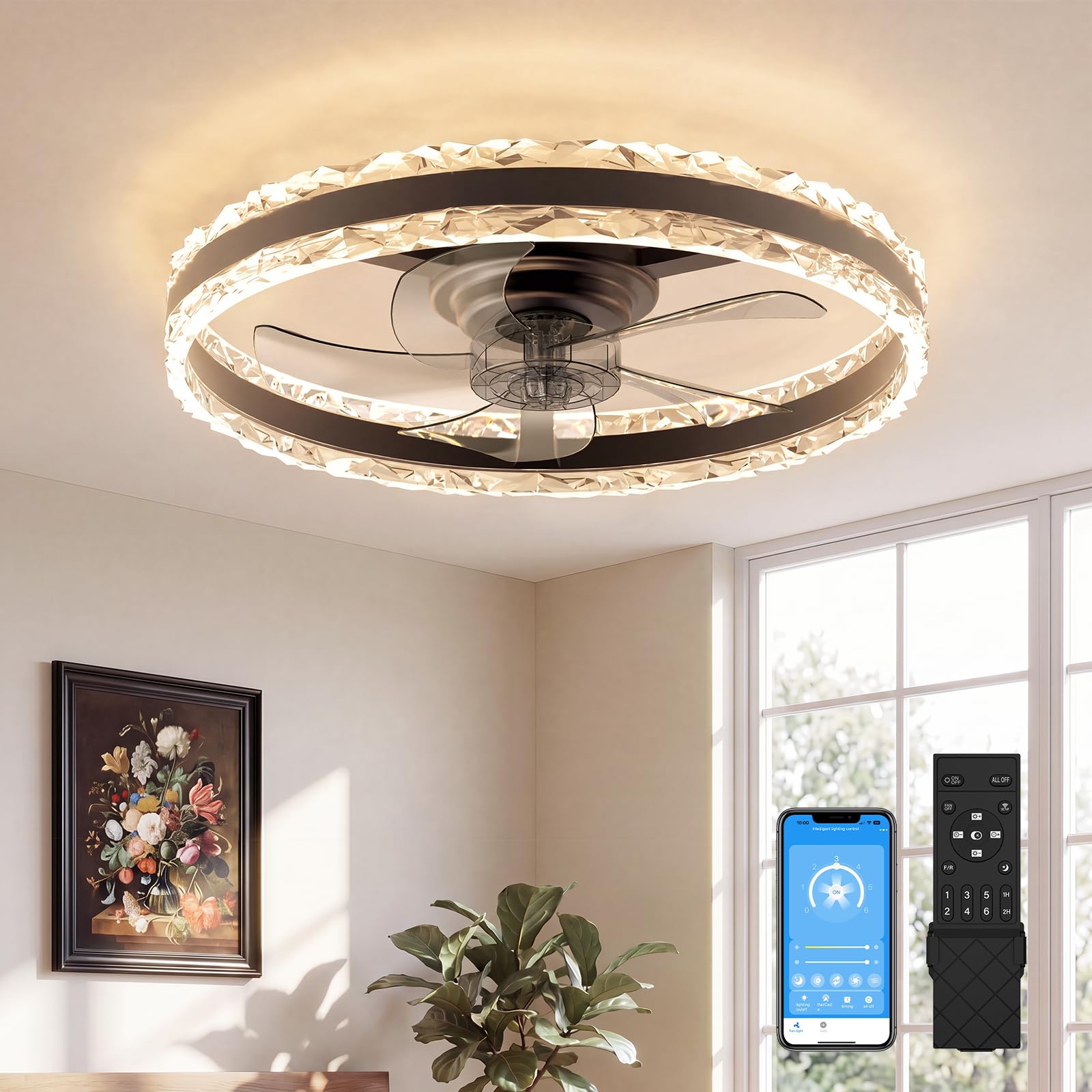 VOLISUN Smart Ceiling Fans with Light and Remote, 60cm Fandelier Ceiling Fan with Light, 3000K-6500K Dimmable Flush Mount LED Ceiling Fan Light, Black Modern Ceiling Fan Light for Bedroom