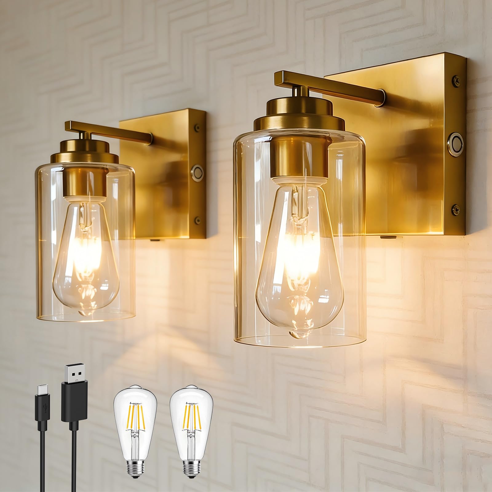 Photo 1 of ThyFenno Gold Battery Operated Wall Sconce Set of 2, Wireless Brass Wall Sconces, Rechargeable LED Dimmable Wall Light for Bedroom Bathroom Hallway Living Room Entryway Stairwell,3000K