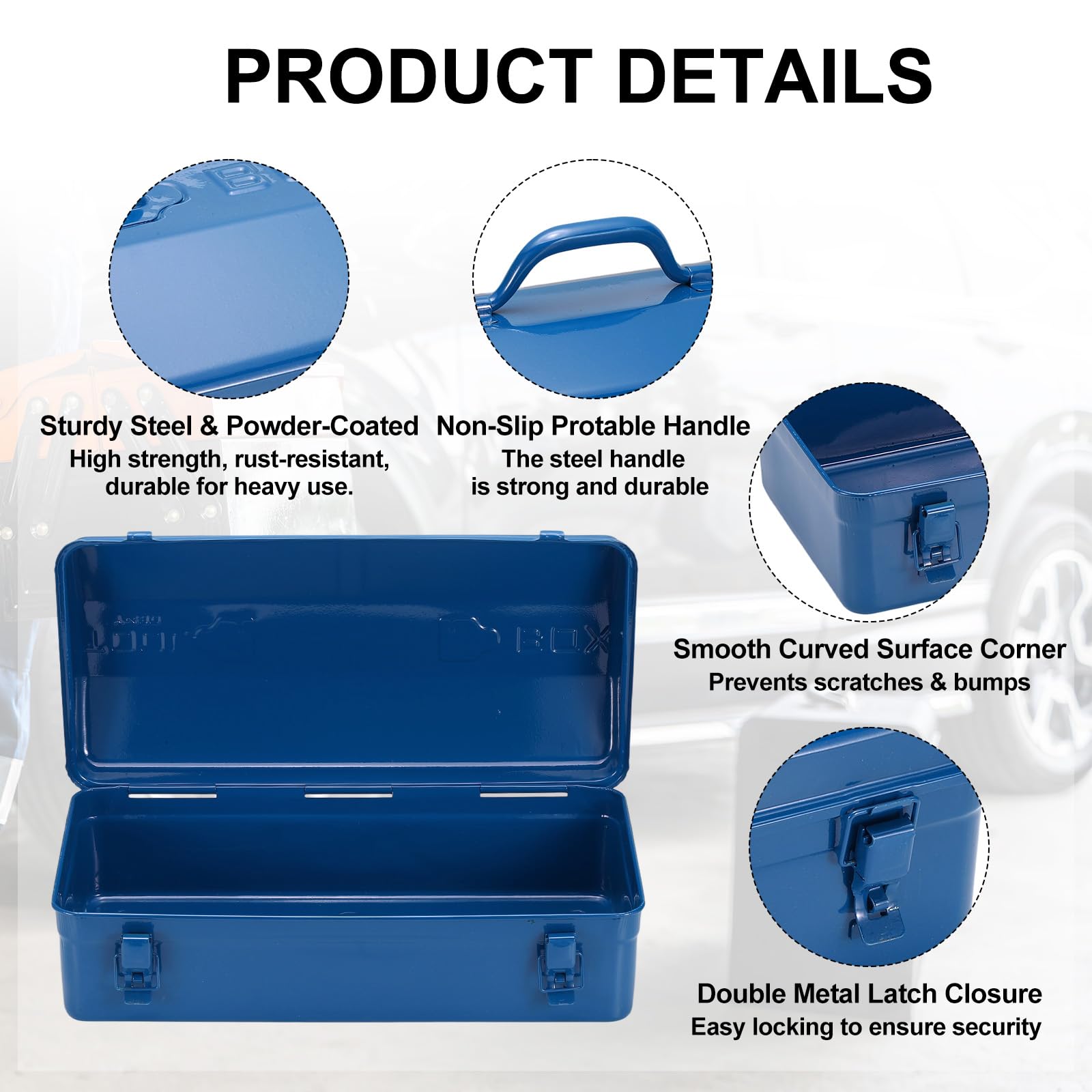 QUARKZMAN Scatola Portautensili Portatile 17" X 8" X 4" Cassetta Per Attrezzi In Acciaio Organizzatore Doppia Chiusura Metallo Con Manico Per Garage Magazzino Officina Casa Blu