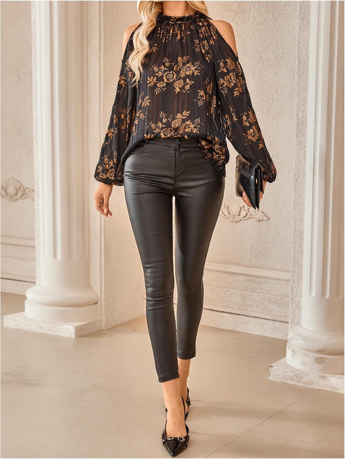 SOLY HUX Women's Floral Mesh Blouse Cold Shoulder Mock Neck Bishop Long Sleeve Tops Black and Gold Floral Large - Image 5