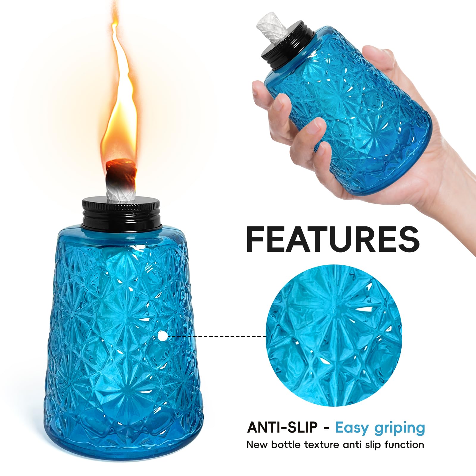 Confezione da 3 lampade a olio in vetro trasparente blu alla citronella, lampade a olio con 3 stoppini, per interni ed esterni, decorazioni per patio