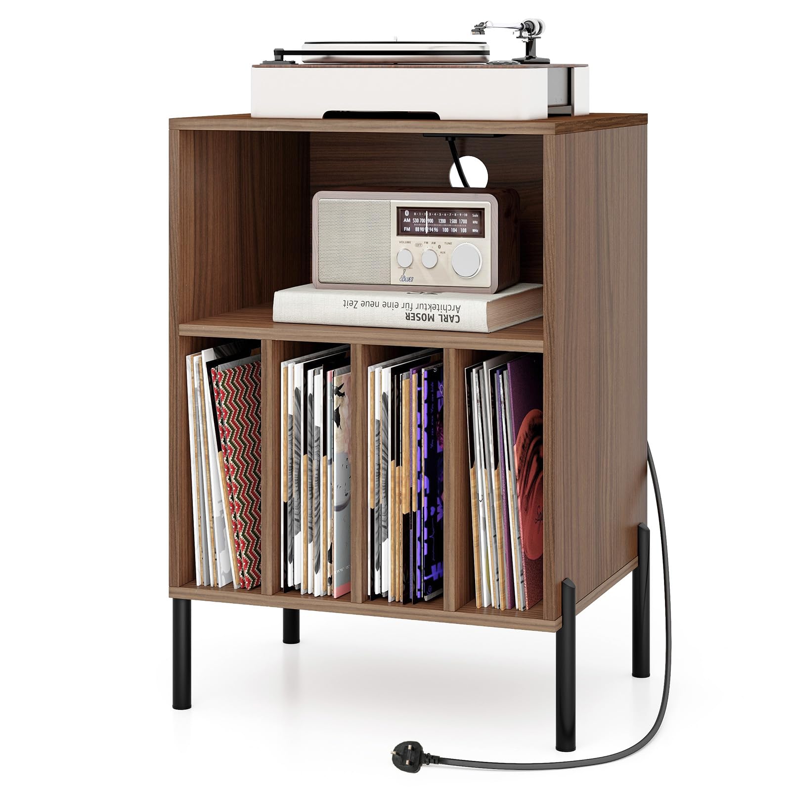 COSTWAY Record Player Stand with Charging Station, Turntable Stand End Side Table with 5 Shelves for 150 Albums, Metal Legs Vinyl Record Storage Cabinet Holder for Living Room Bedroom (Walnut)