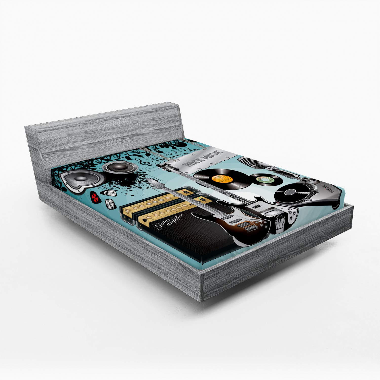 Ambesonne Rock Music Fitted Sheet, Concert Pattern Guitars and Records with Giant Speakers Ornamental Arrangement, Soft Decorative Fabric Bedding