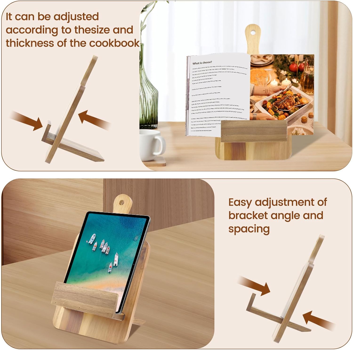 CK Cookbook Stand Wooden Recipe Book Holder Adjustable Cookbook Display Stand Space Saving Tablet Stand Multipurpose Cookbook Stand for Kitchen Text Book Tablet 32x18x1.5cm SHAFUFU(Log Color)