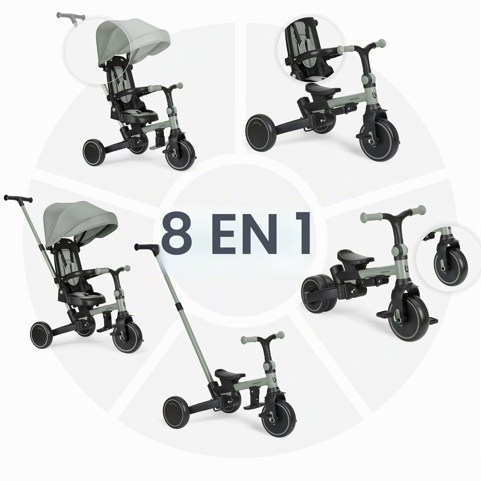 KikkaBoo Tricycle évolutif 8 en 1 ALUMA, de 12 Mois à 5 Ans, Tricycle Poussette Pliable avec poignée pour Parents, Vert