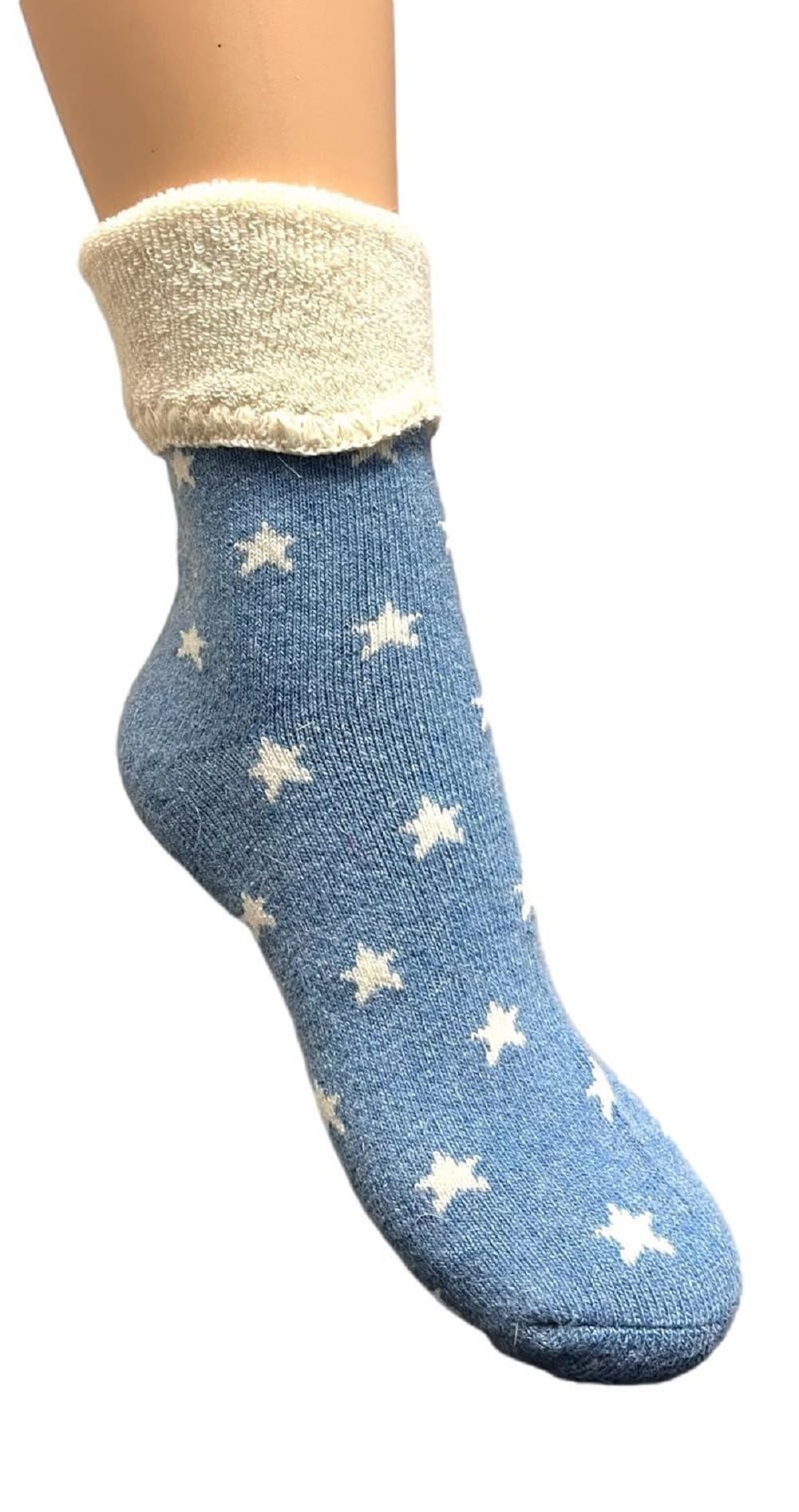 Jess & Lou Cuff Socks Super Cosy Thick Fluffy Towelling Warm Knitted Cuff Stretchy Loungewear Cute Design Gift Idea (Cornflower Star)