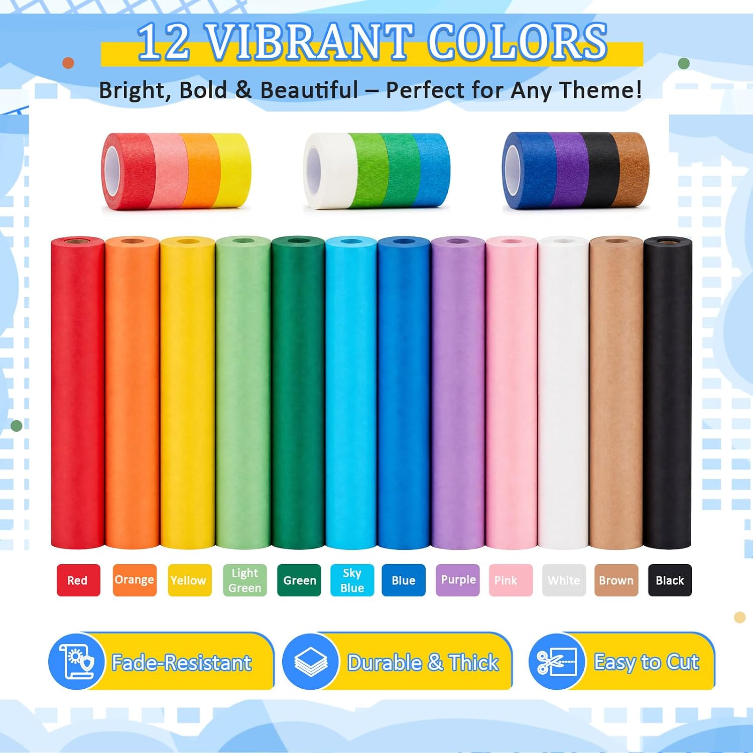 Gisafai 12 Rolls of 12" x 50 ft Colored Kraft Papers Bulletin Board Paper Roll, for Classrooms Bulletin, Crafts DIY, with 12 Rolls of Colored Masking Tape 1" x 60 ft Each, 4 Paper Cutters