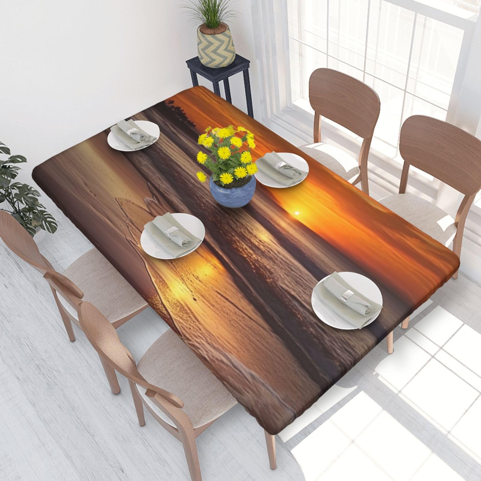 DCARSETCV Sunset beach Printed 4FT Waterproof Tablecloth with Elastic Edged Protect & Decor Your Table, Oil-proof Washable Table Cloth Cover for Dinner Picnic Party