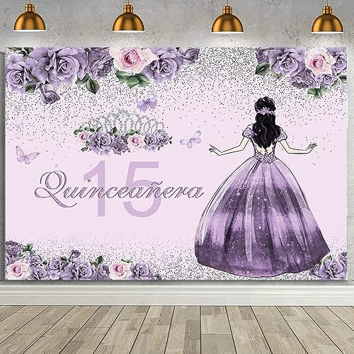 Miniatura 1 de Telón de fondo de quinceañera de 7 x 5 pies, corona dorada, vestido floral morado, corona de princesa, fondo de fotografía, fiesta de cumpleaños 15,