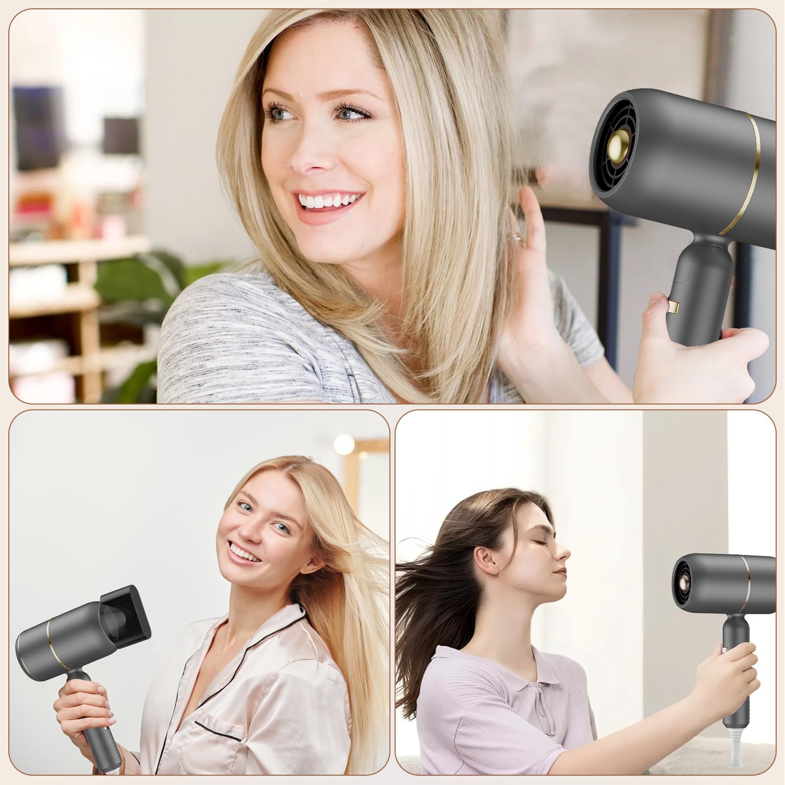Sèche-Cheveux Pliable Moteur AC 2400W Ionique Anti-Frisottis | 3 Temp. + 2 Vit. + Air Froid | Diffuseur & Concentrateur | Silencieux Double Voltage