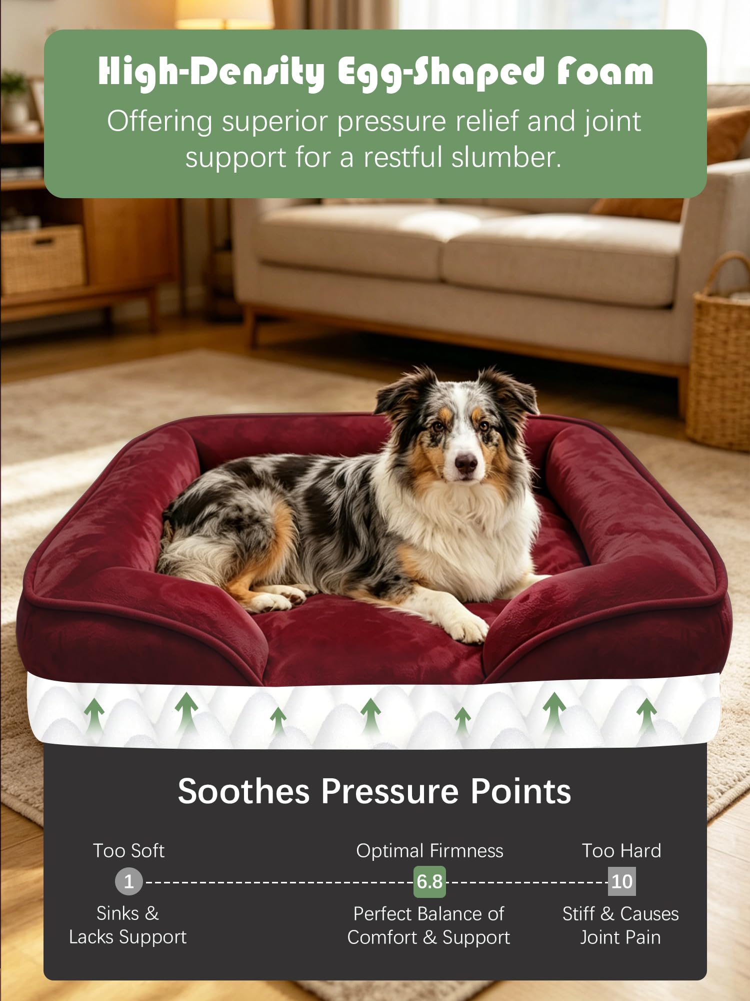 Spotted Play Orthopedic Dog Bed with Sides - Sofa Beds for Large Dogs, Supportive Foam Pet Couch Bed with Washable Removable Cover, Waterproof Lining and Non-Slip Bottom, Burgundy - L view 4