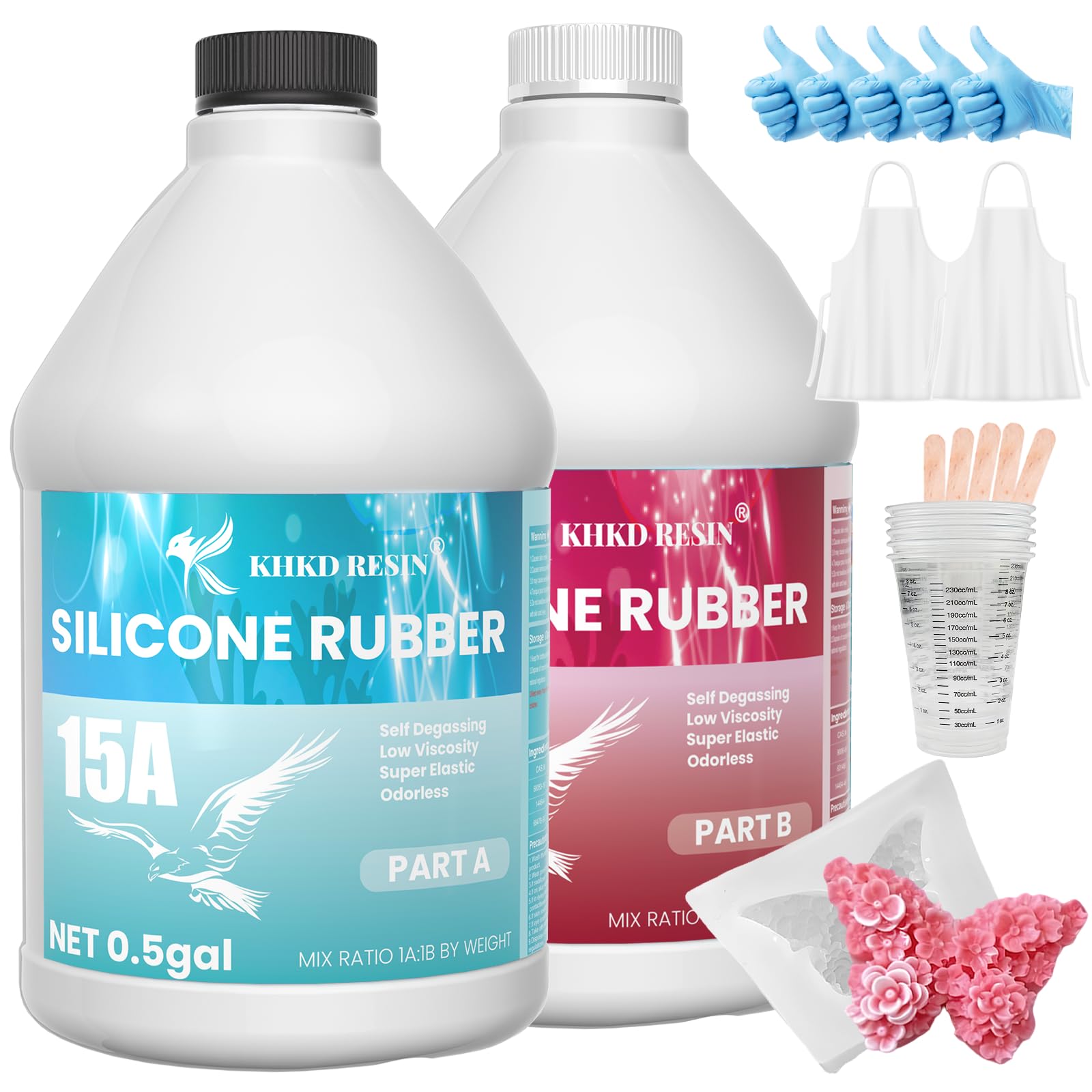 KHKD RESIN Silicone Mold Making Kit, 15A Liquid Silicone Rubber 1 Gallon, Translucent Clear Mold Making Silicone Mixing Ratio 1:1 – Bubble-Free, Easy Demold for Resin Molds, 3D Molds, 4H Fast Cure