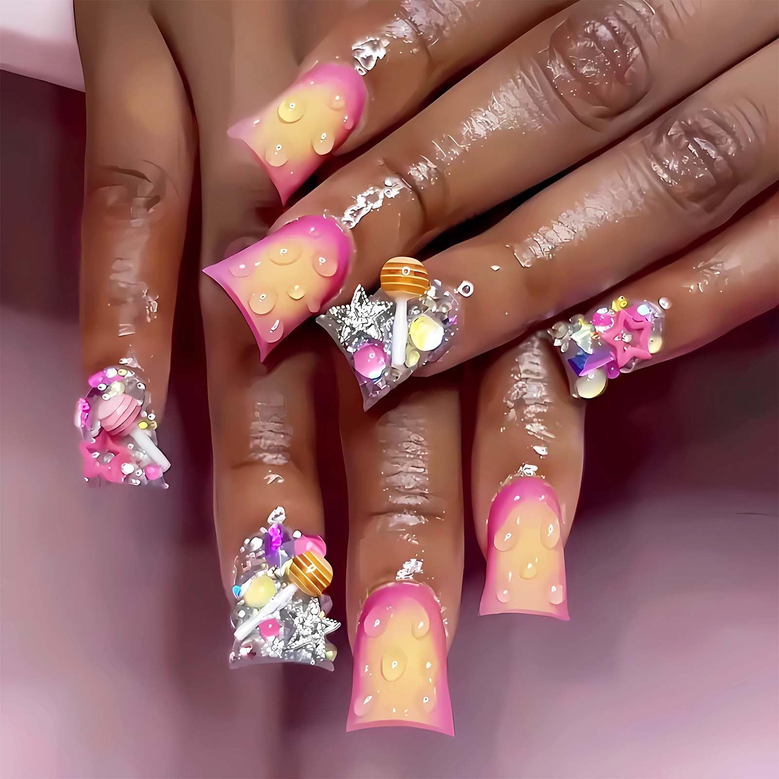 Lomxene Duck Nails Press On Medium Fake Nail Charm Acrylic 3d Stars Nails Press Ons Wave Press on Nails Pink Ombre Artificial NailsFor Woman 24pcs(