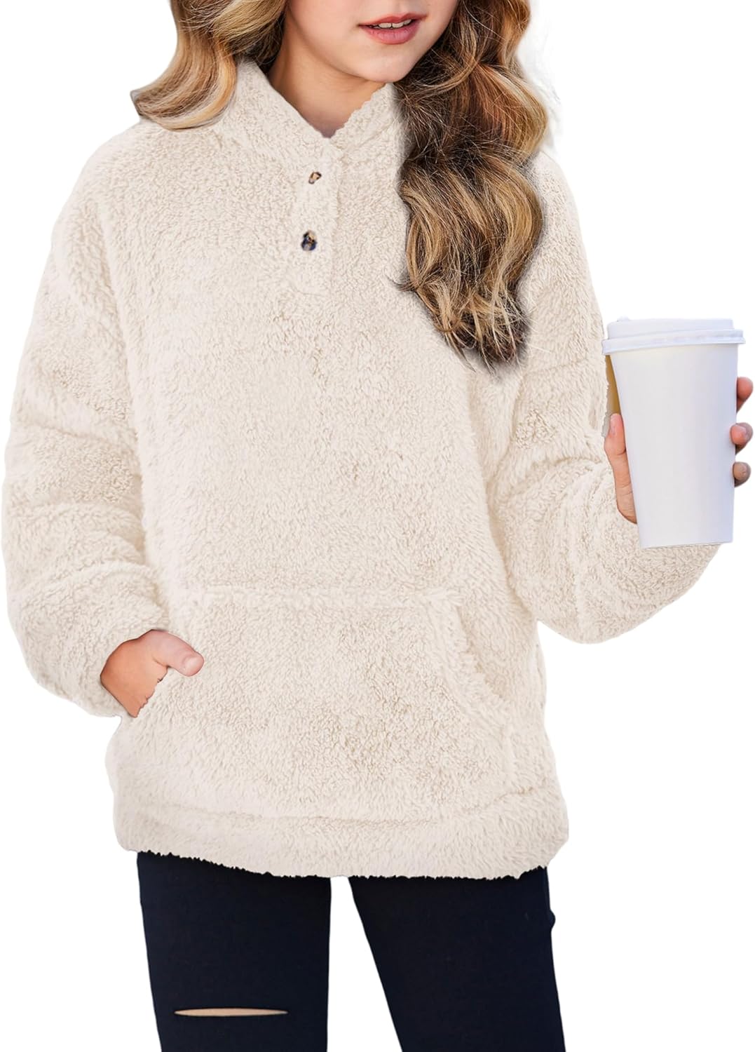 Arshiner Girls Hoodie Sherpa Fleece Pullover Hooded Sweatshirt for Girl Button Up Casual Outerwear Coat With Pockets