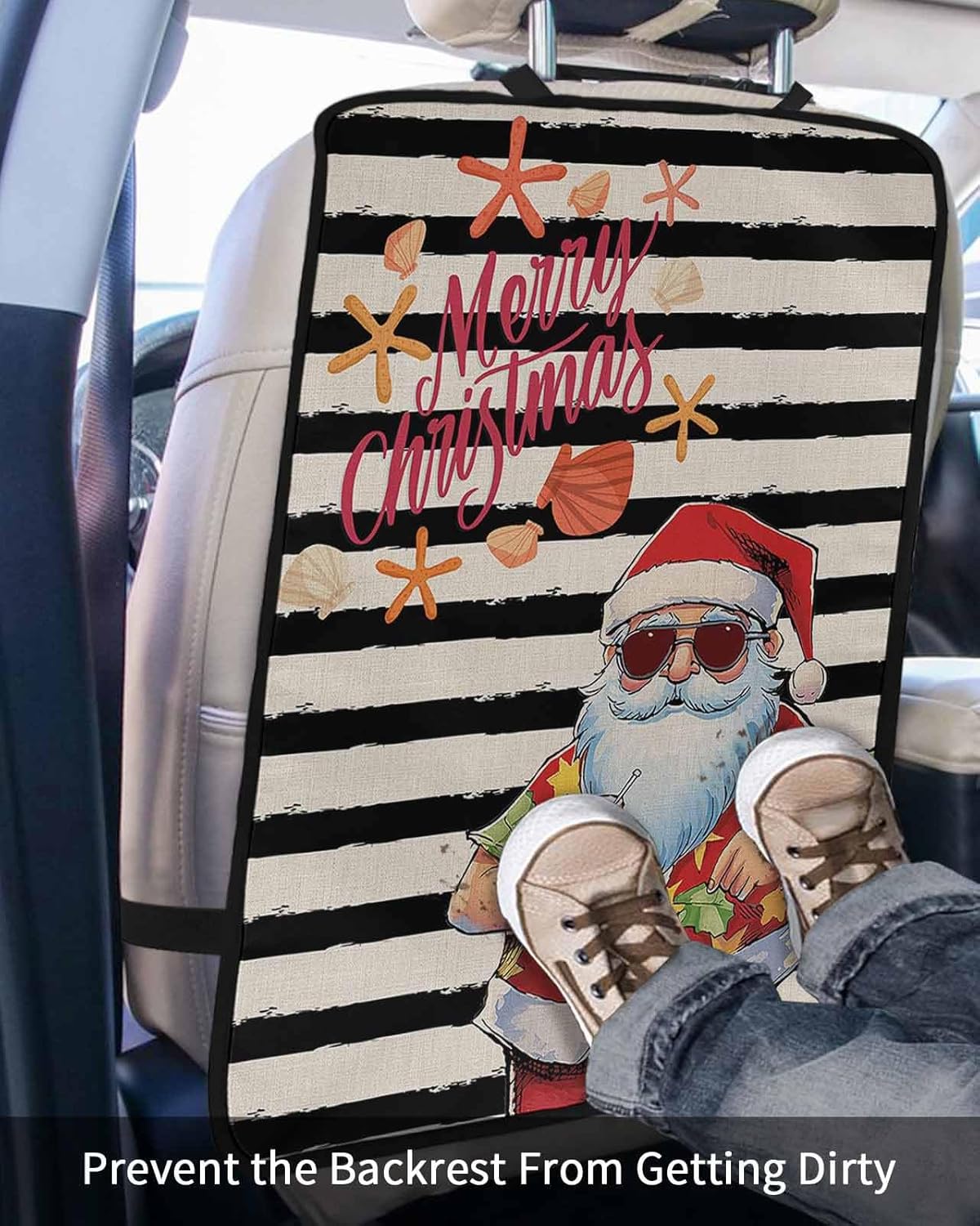 T&H XHome Car Seat Protector, 2 Pack Kick Mats Back Seat Protector Summer Christmas Cool Santa Starfish Black Plaid Waterproof Backseat Cover for Kids Universal Fit Automotive Interior Protectors