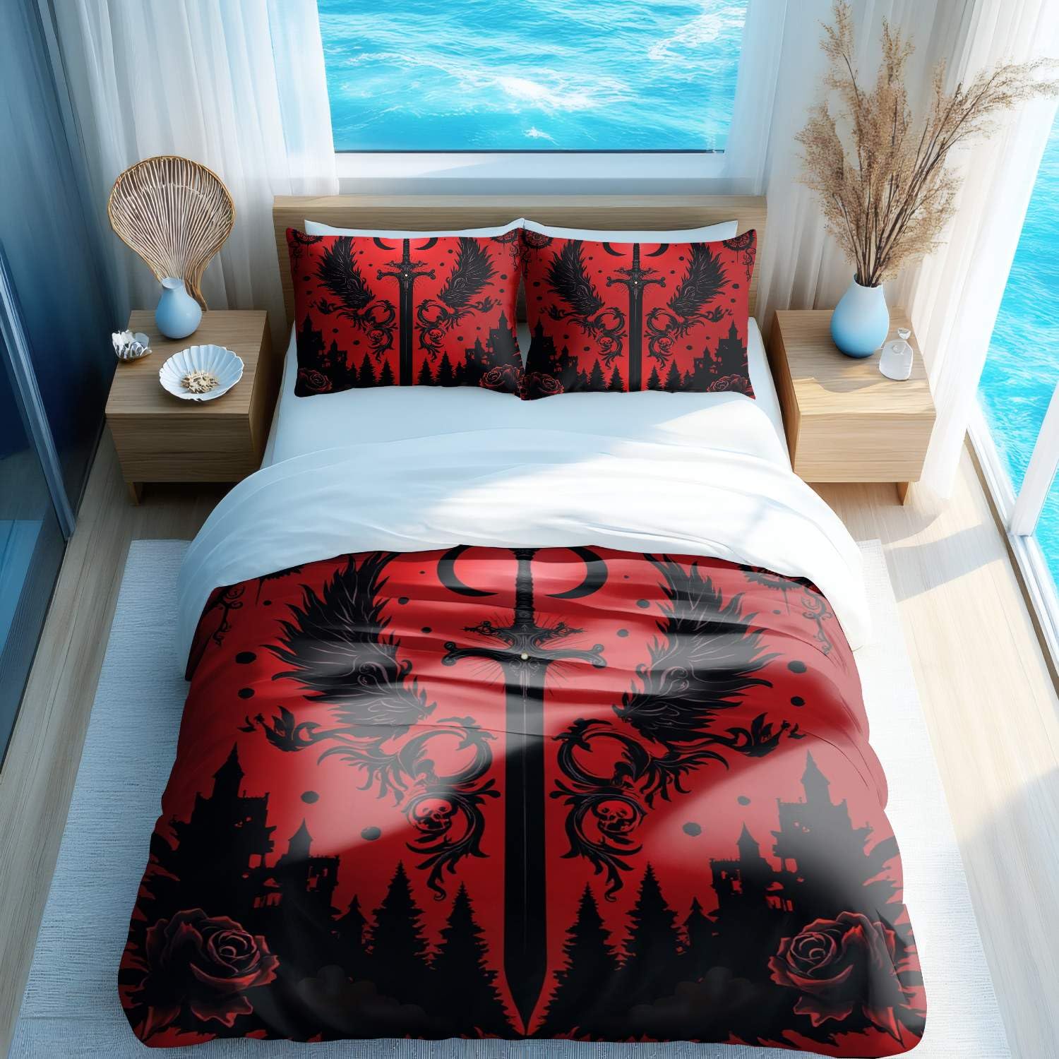 Parure de lit tête de mort et roses noires pour look gothique de chambre
