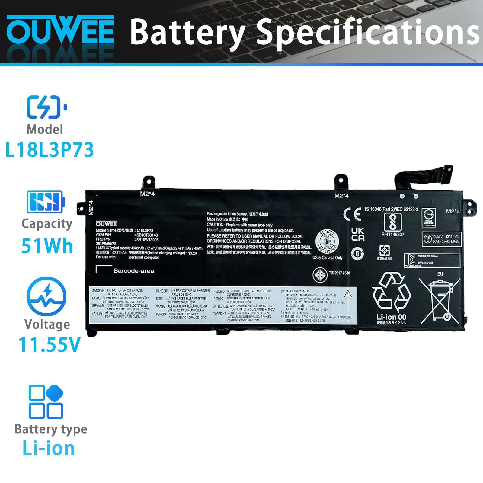 Amazon.com: OUWEE L18L3P73 L18M3P73 L18M3P74 Laptop Battery