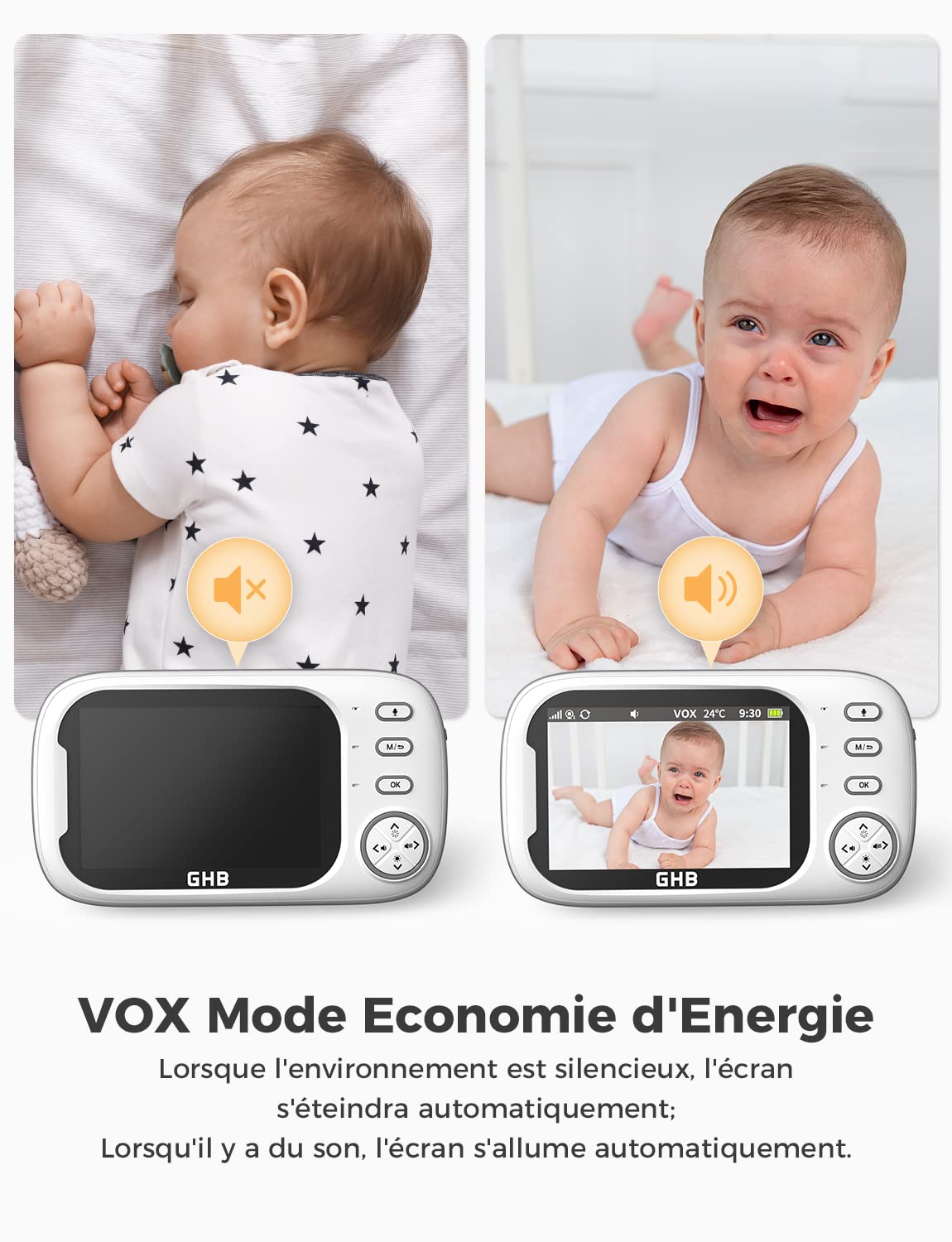 GHB Babyphone Camera Écran LCD 3,5 inches Camera Surveillance Bebe 4X Zoom 8 Berceuses sans WiFi 2,4 GHz Surveillance de Température Vision Nocturne